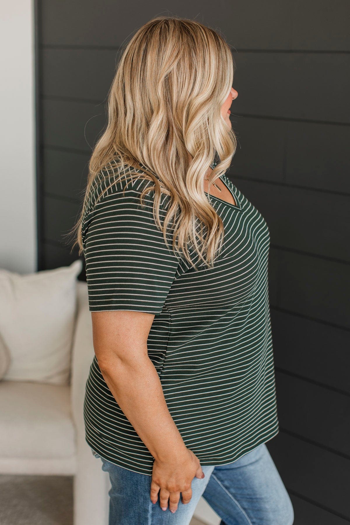 Radiate Confidence Striped V-Neck Top- Wintergreen