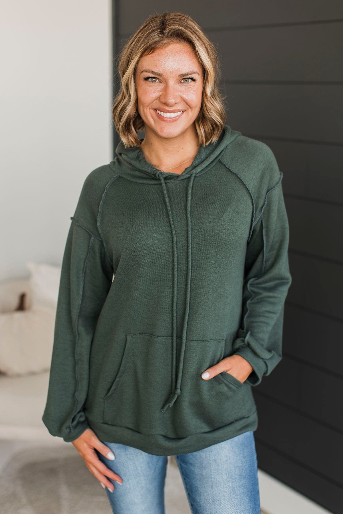 On A Hunch Hooded Pullover Top- Dark Olive