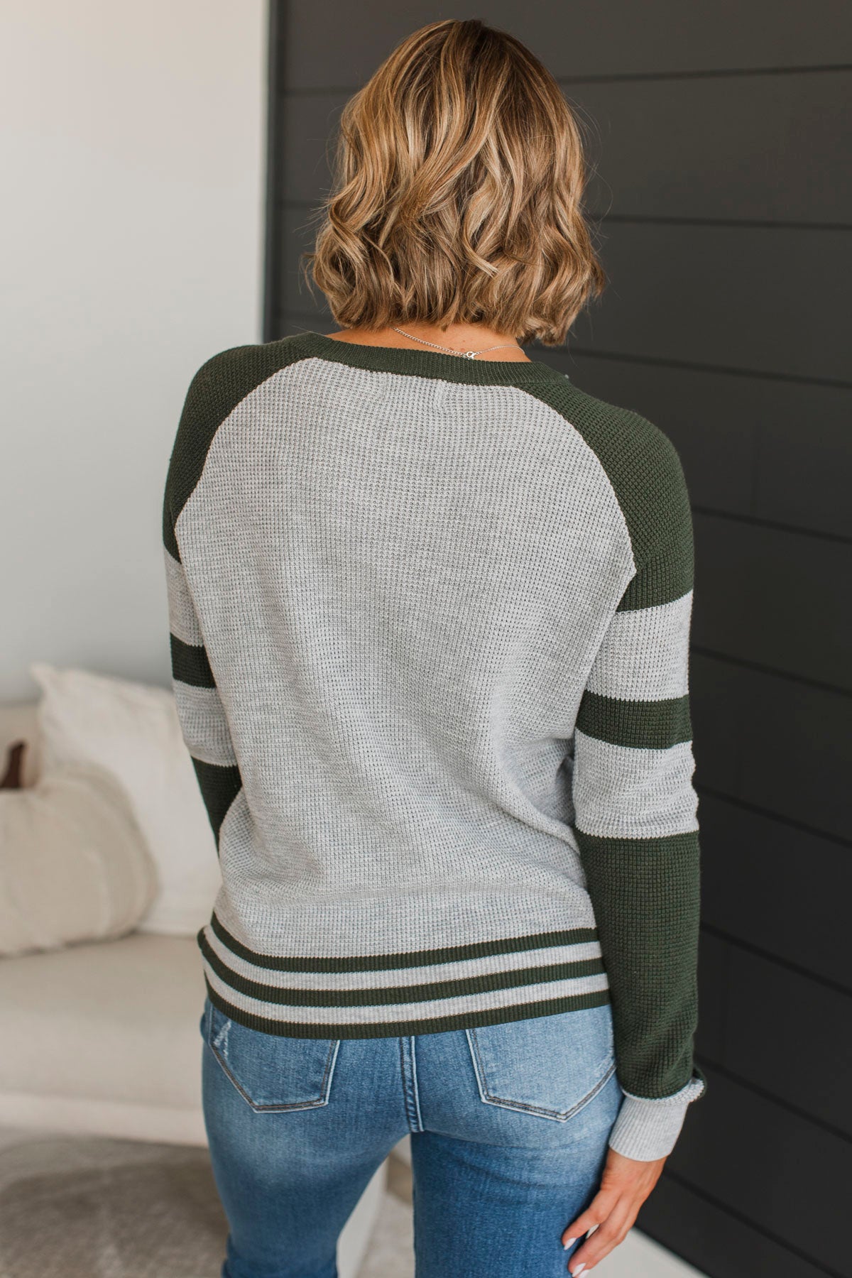 Words Of Mine Waffle Knit Sweater- Grey & Ivy Green