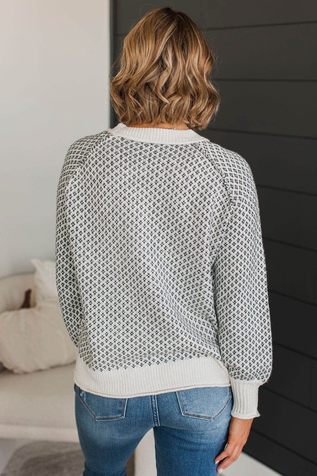 Just Stopping By Printed Knit Sweater- Cream & Charcoal