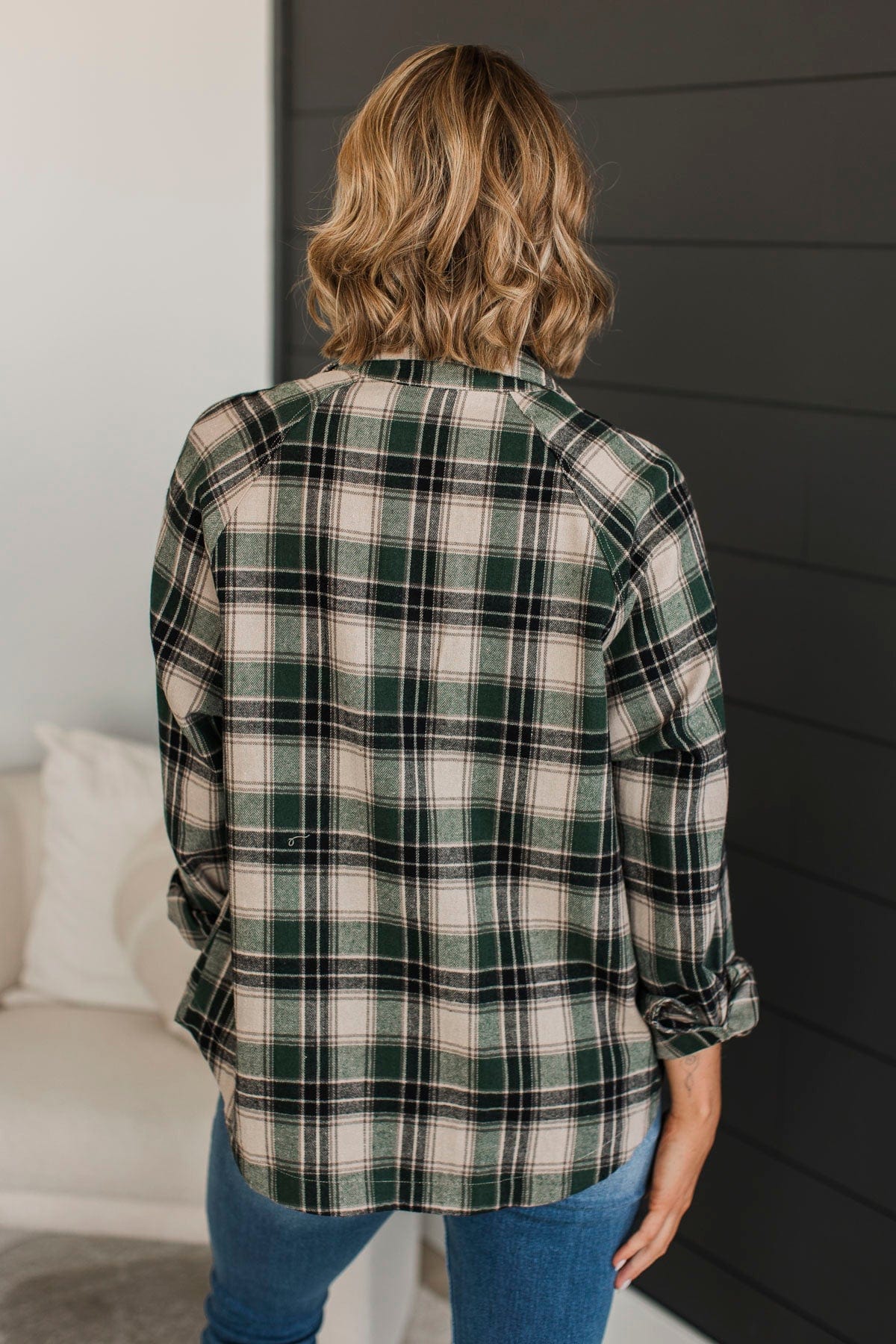 All The Signs Plaid Button Top- Hunter Green