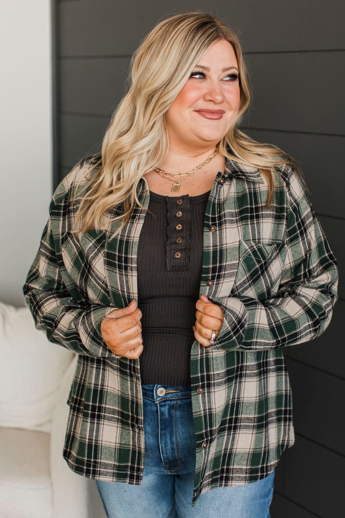 All The Signs Plaid Button Top- Hunter Green