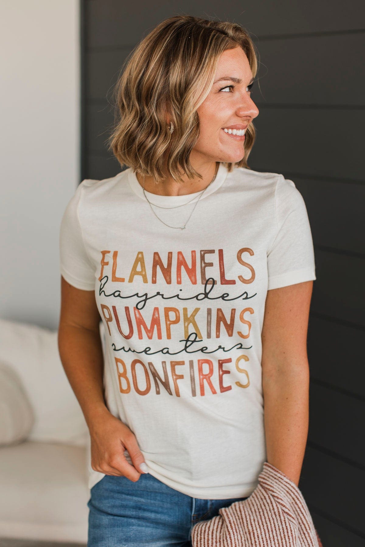 "Flannels, Hayrides, Pumpkins" Graphic Tee- Cream