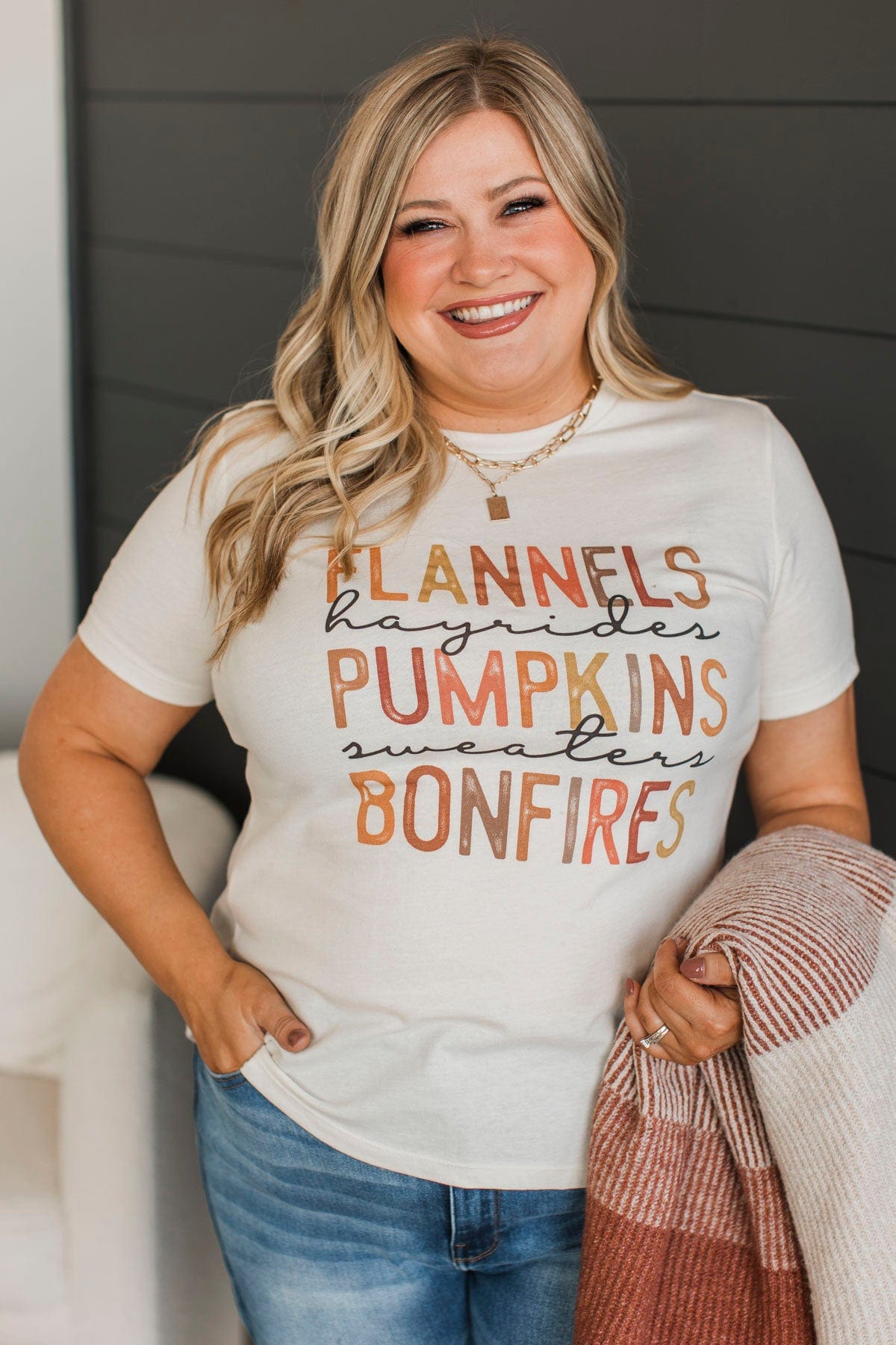 "Flannels, Hayrides, Pumpkins" Graphic Tee- Cream