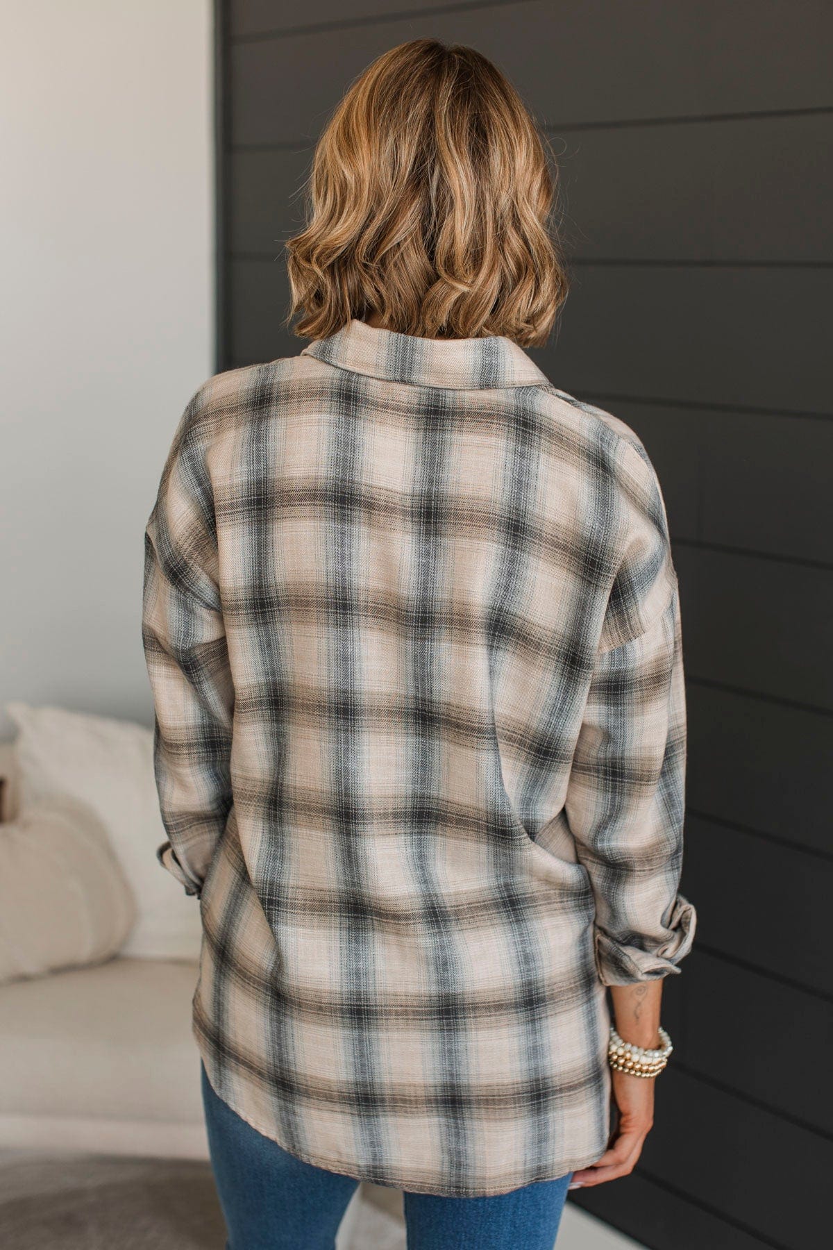 Enjoy The Days Plaid Button Top- Beige