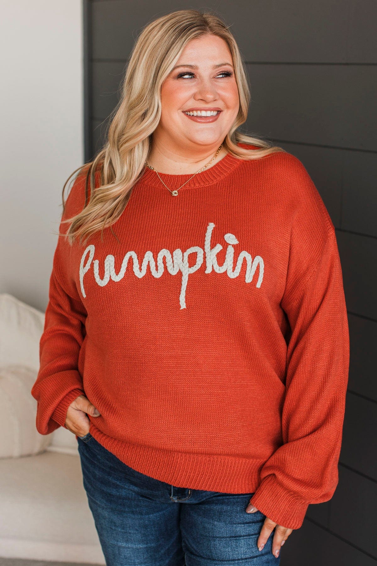 "Pumpkin" Embroidered Knit Sweater- Pumpkin