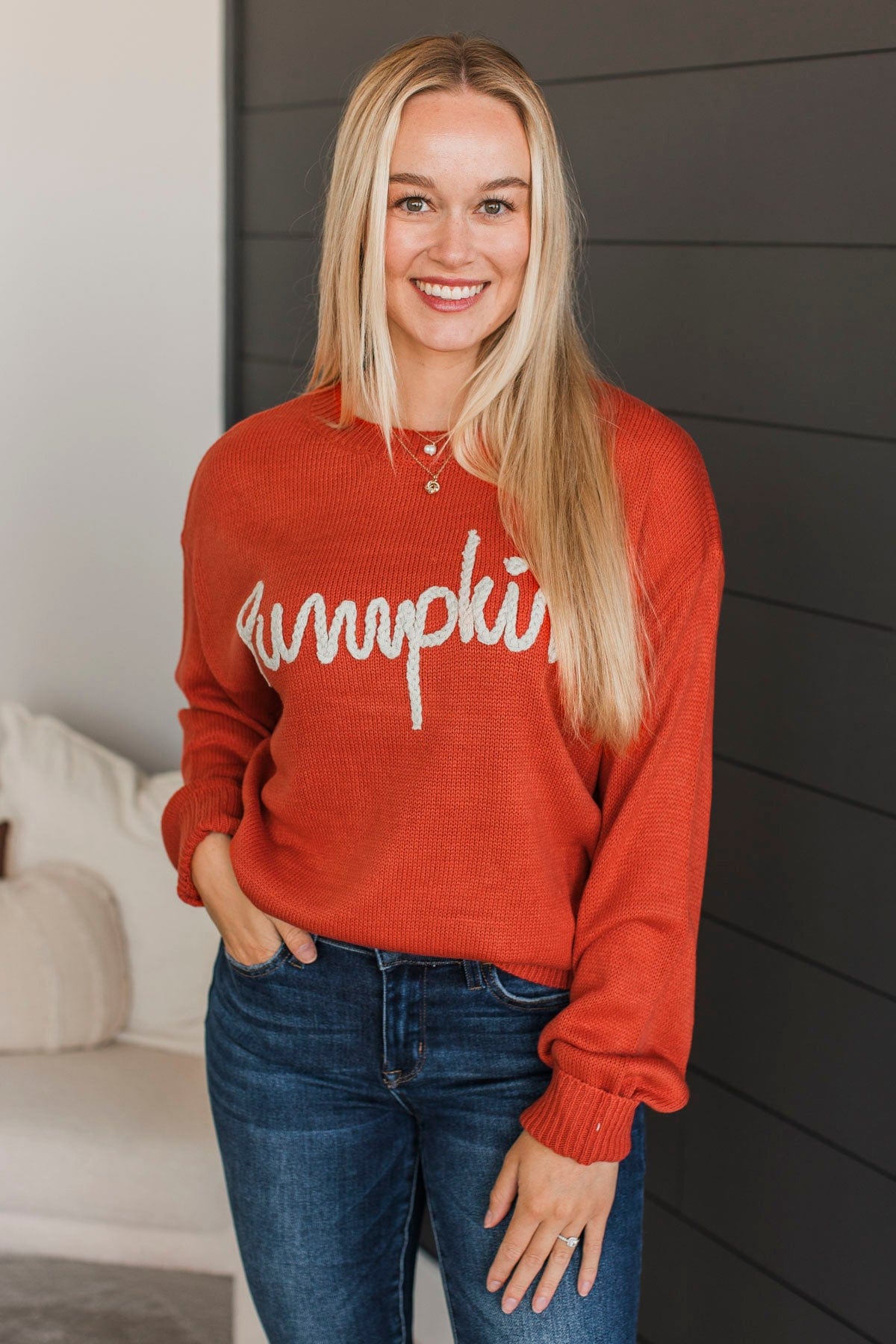 "Pumpkin" Embroidered Knit Sweater- Pumpkin