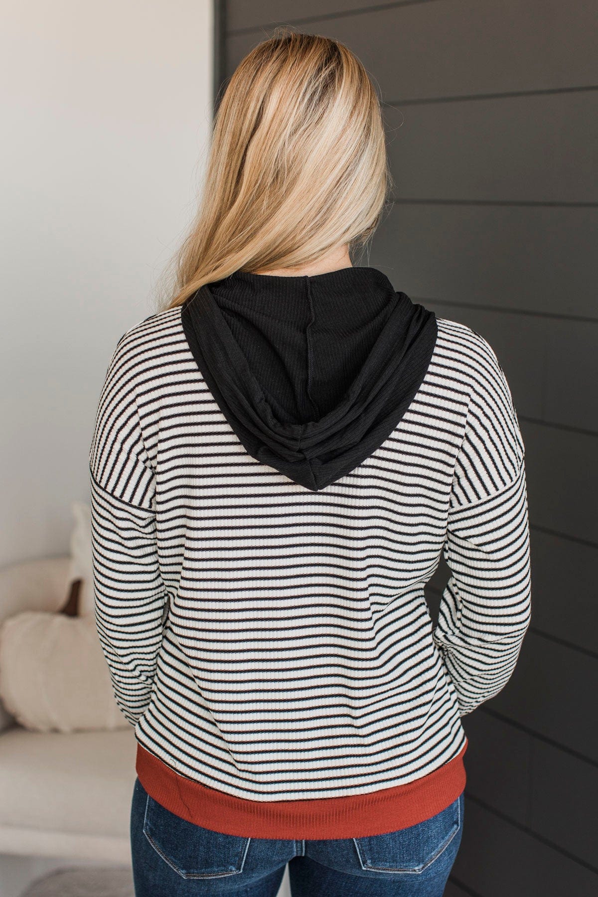 Defying Odds Hooded Pullover Top- Ivory, Black, & Rust