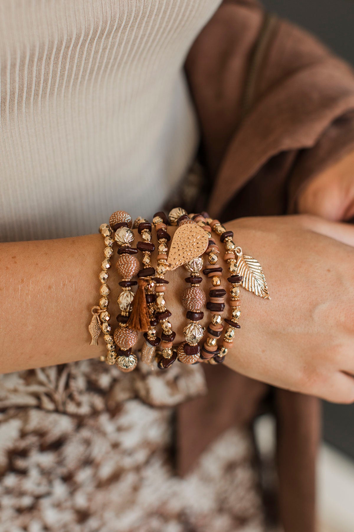 Spark Up A Rhythm Beaded Bracelet Set- Brown