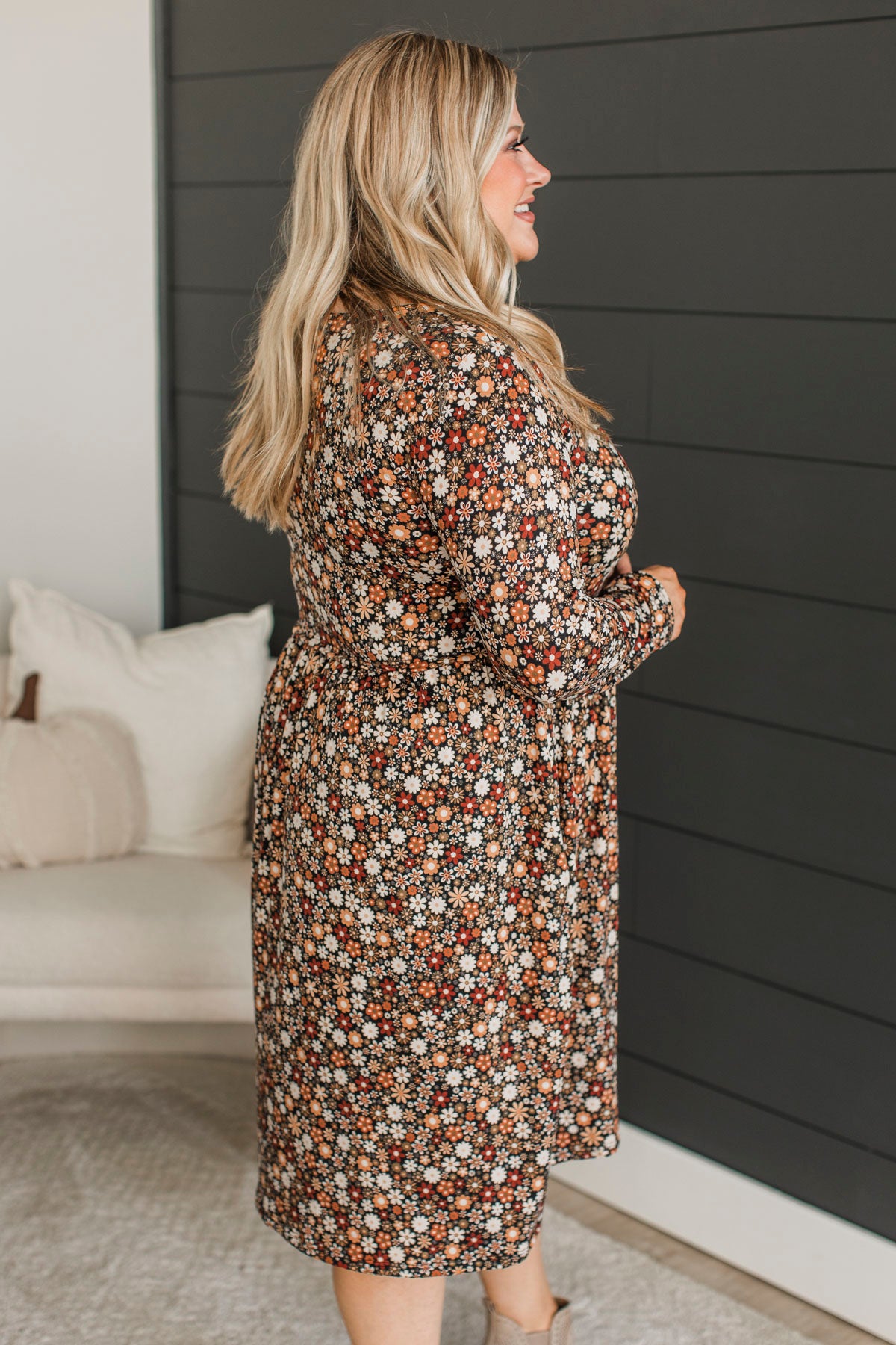 Where To Begin Long Sleeve Floral Dress- Black & Rust