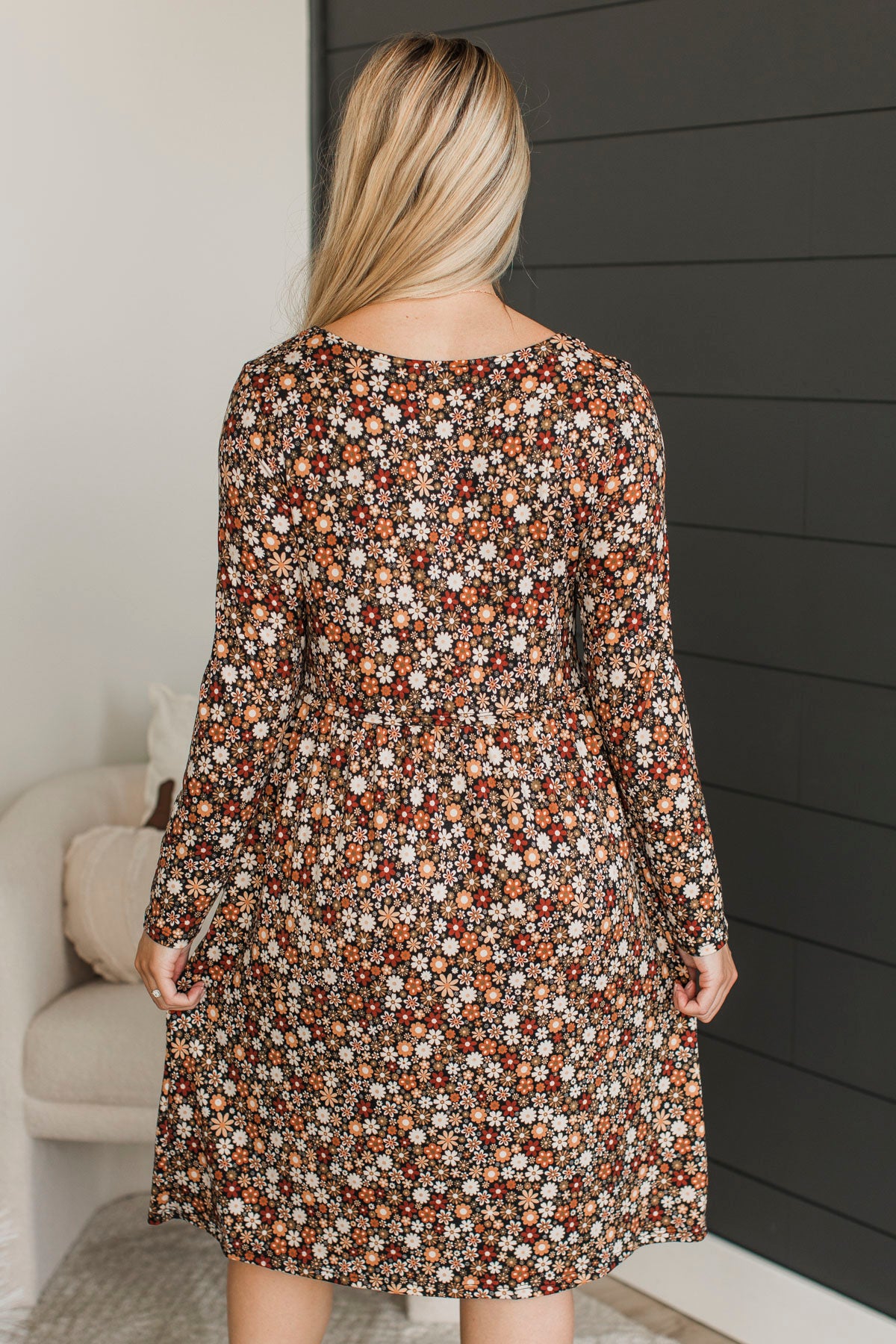 Where To Begin Long Sleeve Floral Dress- Black & Rust