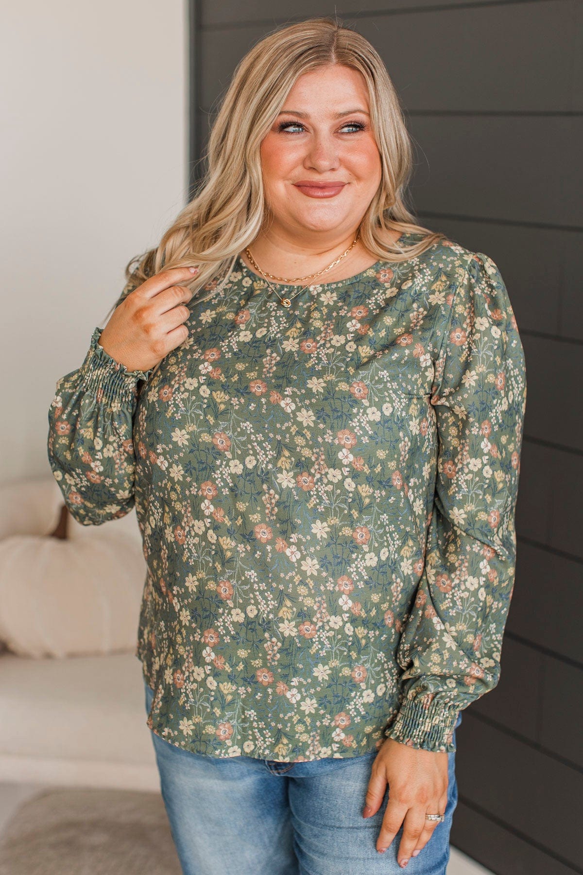 Reason To Smile Floral Top- Olive