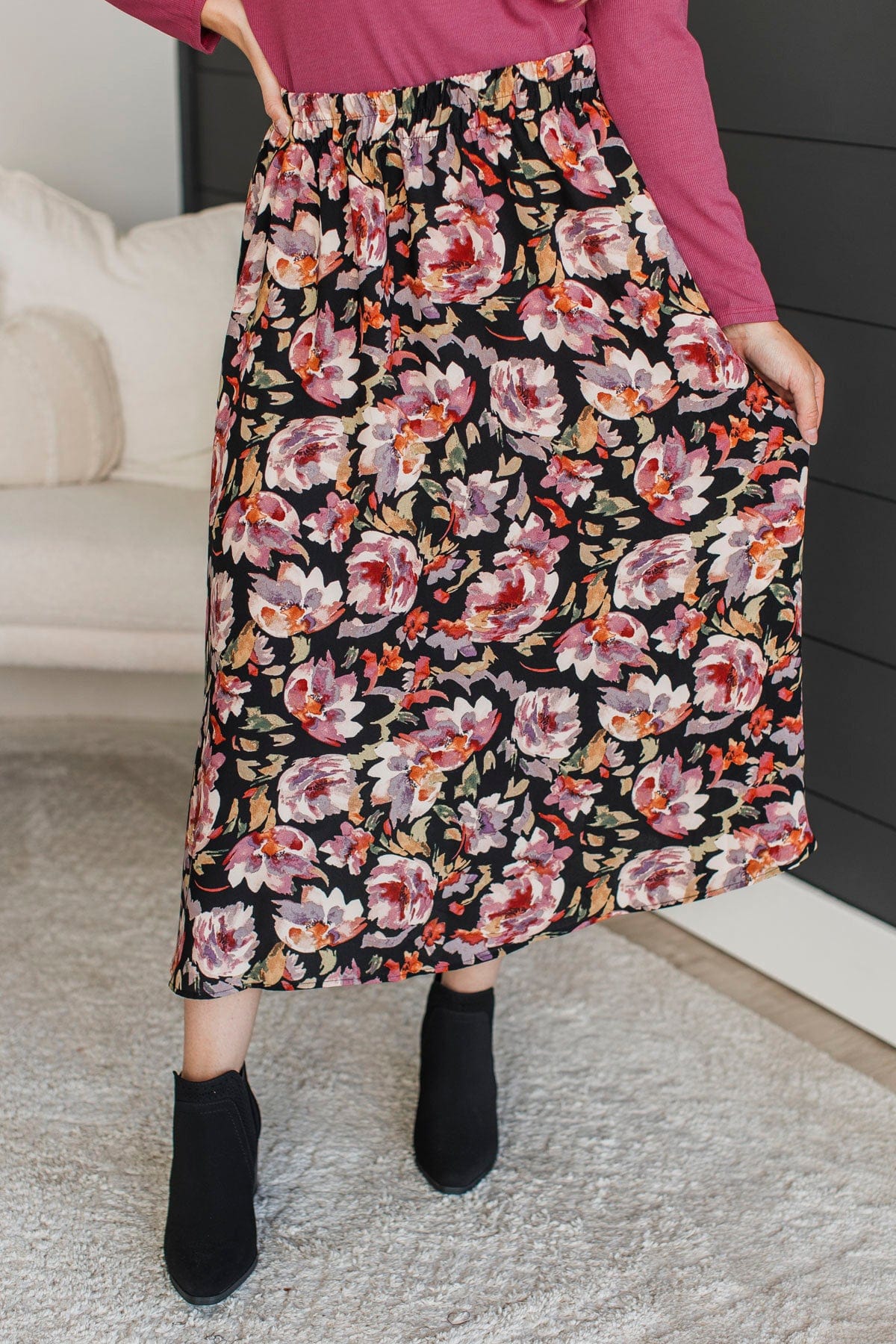 On My Heart Floral Skirt- Black