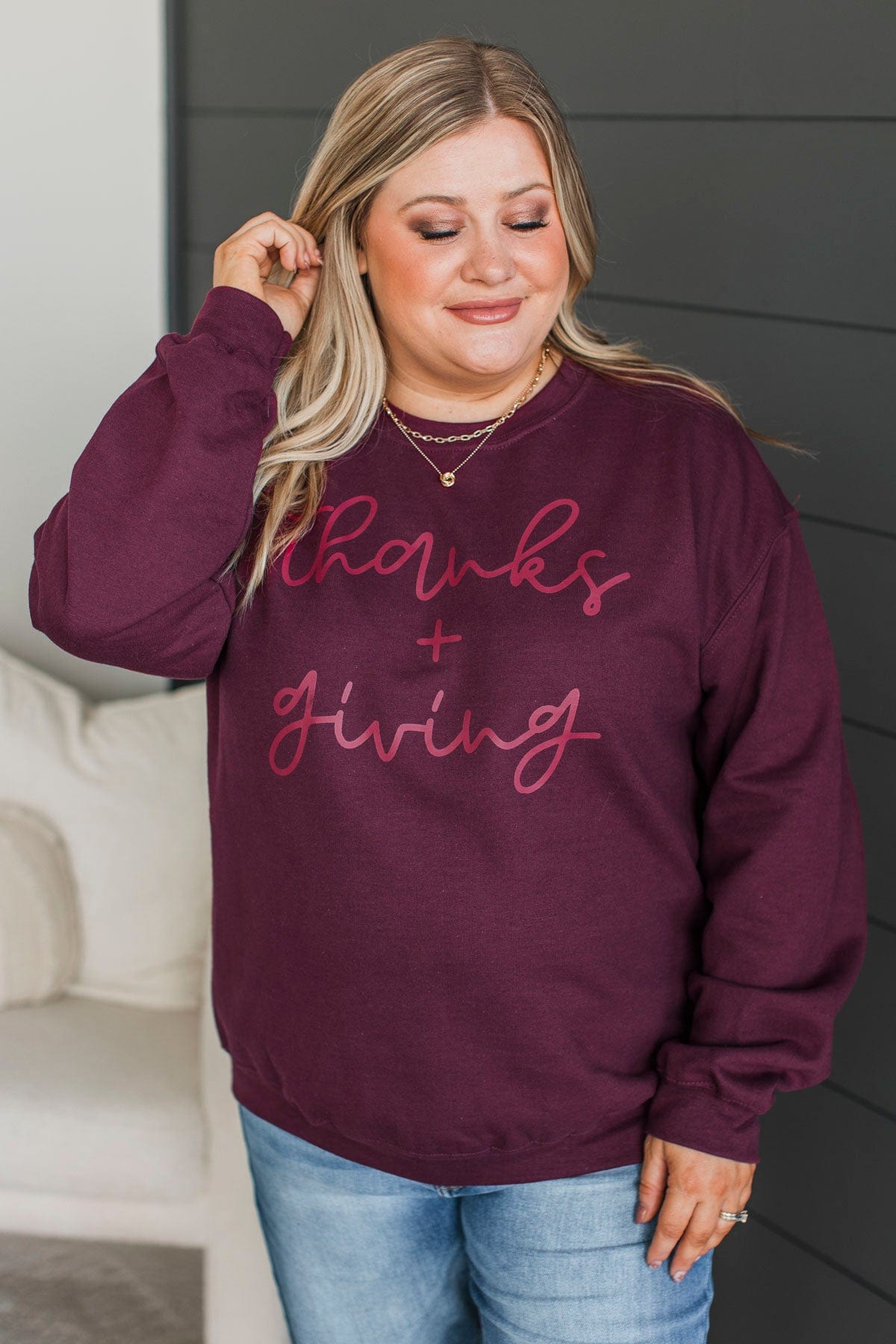 "Thanks + Giving" Crew Neck Pullover- Maroon