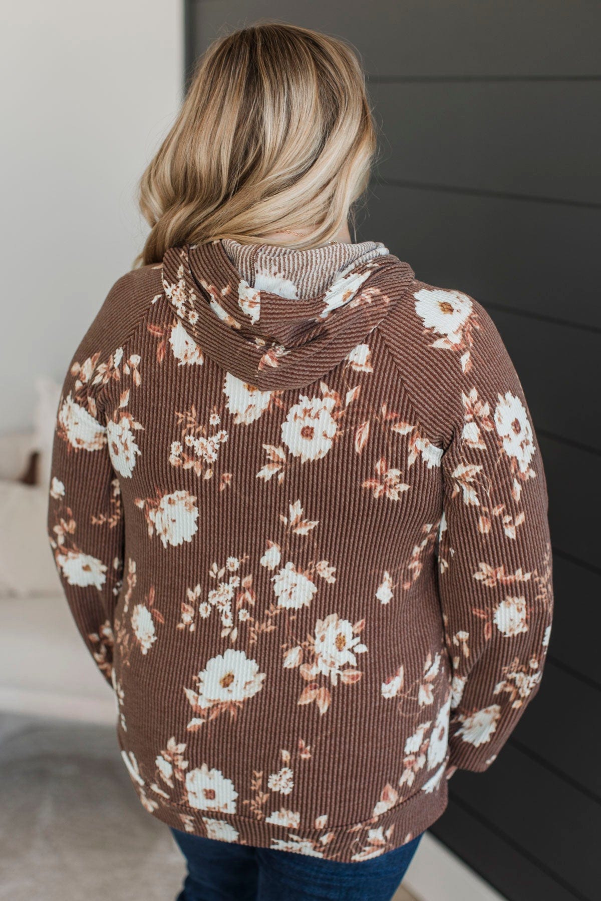 Next To Happiness Hooded Floral Top- Brown