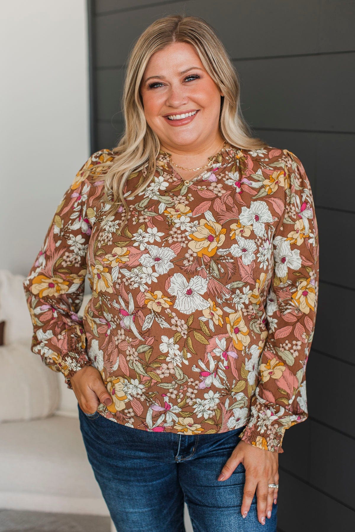 Captivate Your Heart Floral Blouse- Brown & Mauve