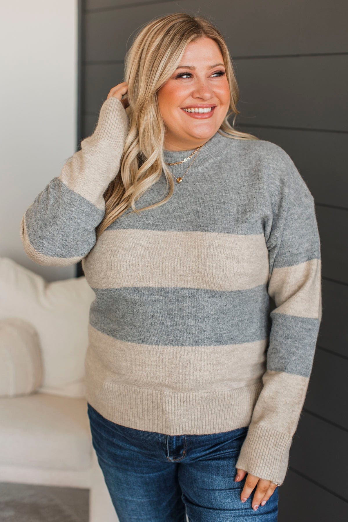 New Aspirations Striped Sweater- Heather Grey