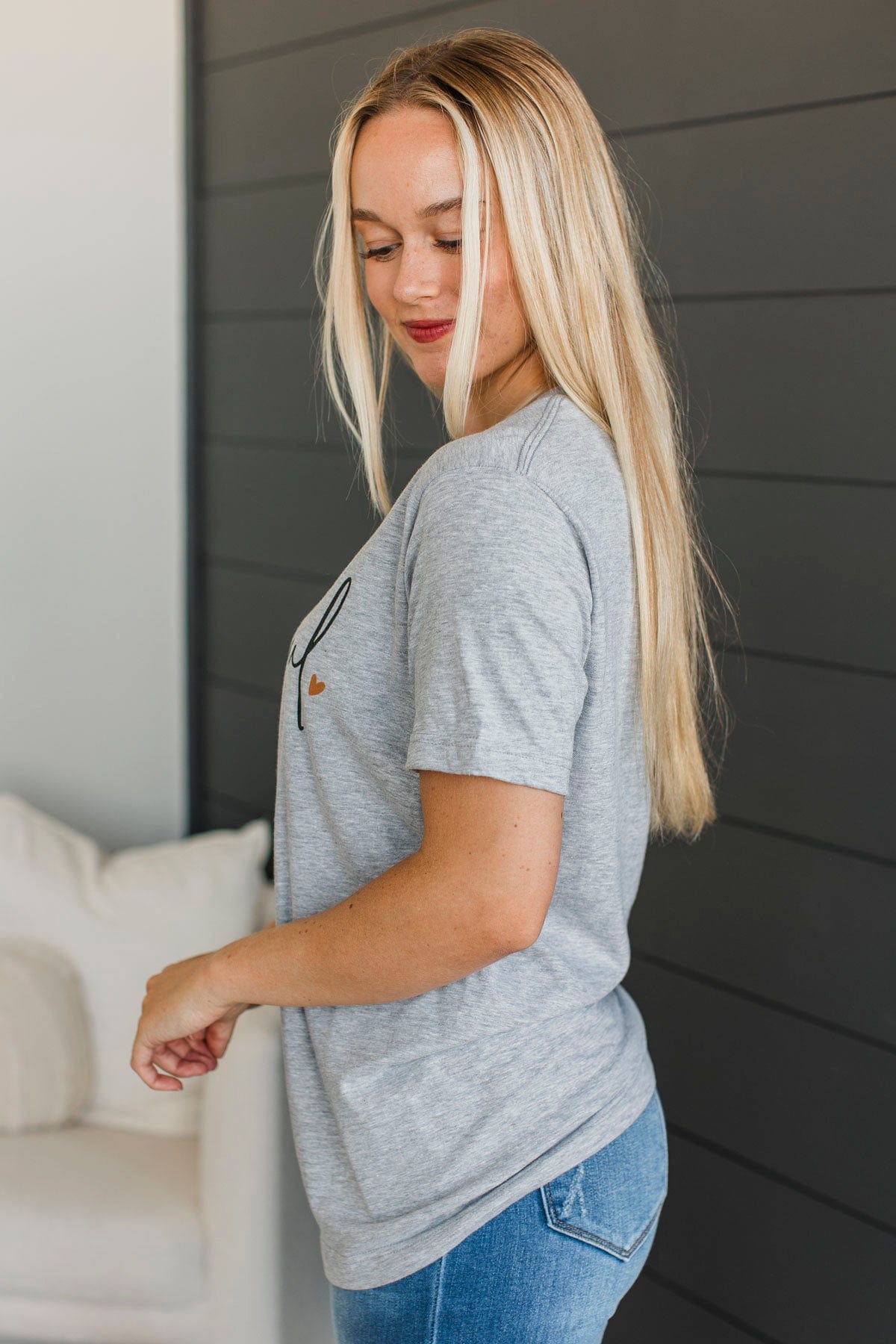 "Thankful" Cursive Graphic Tee- Heather Grey