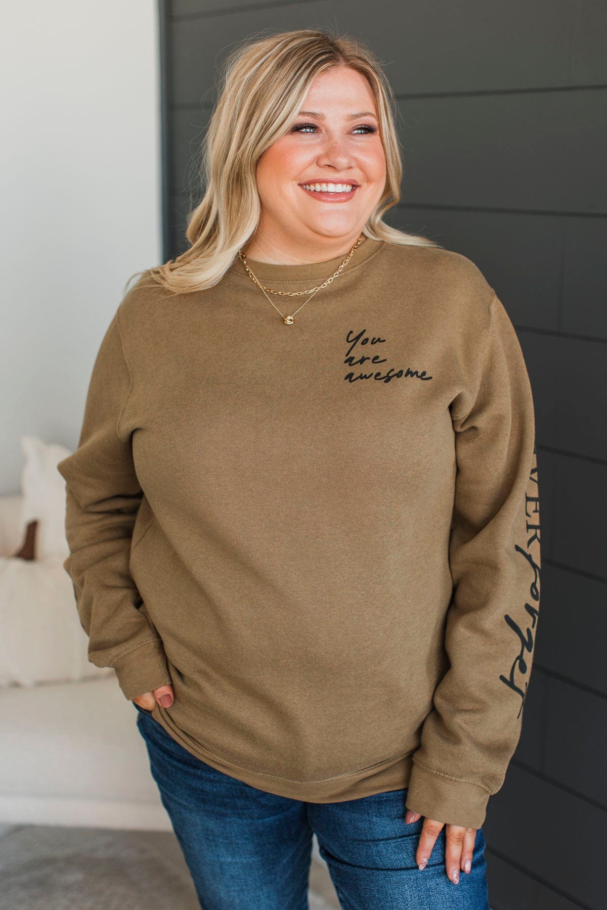 "You Are Awesome" Crew Neck Pullover- Tan