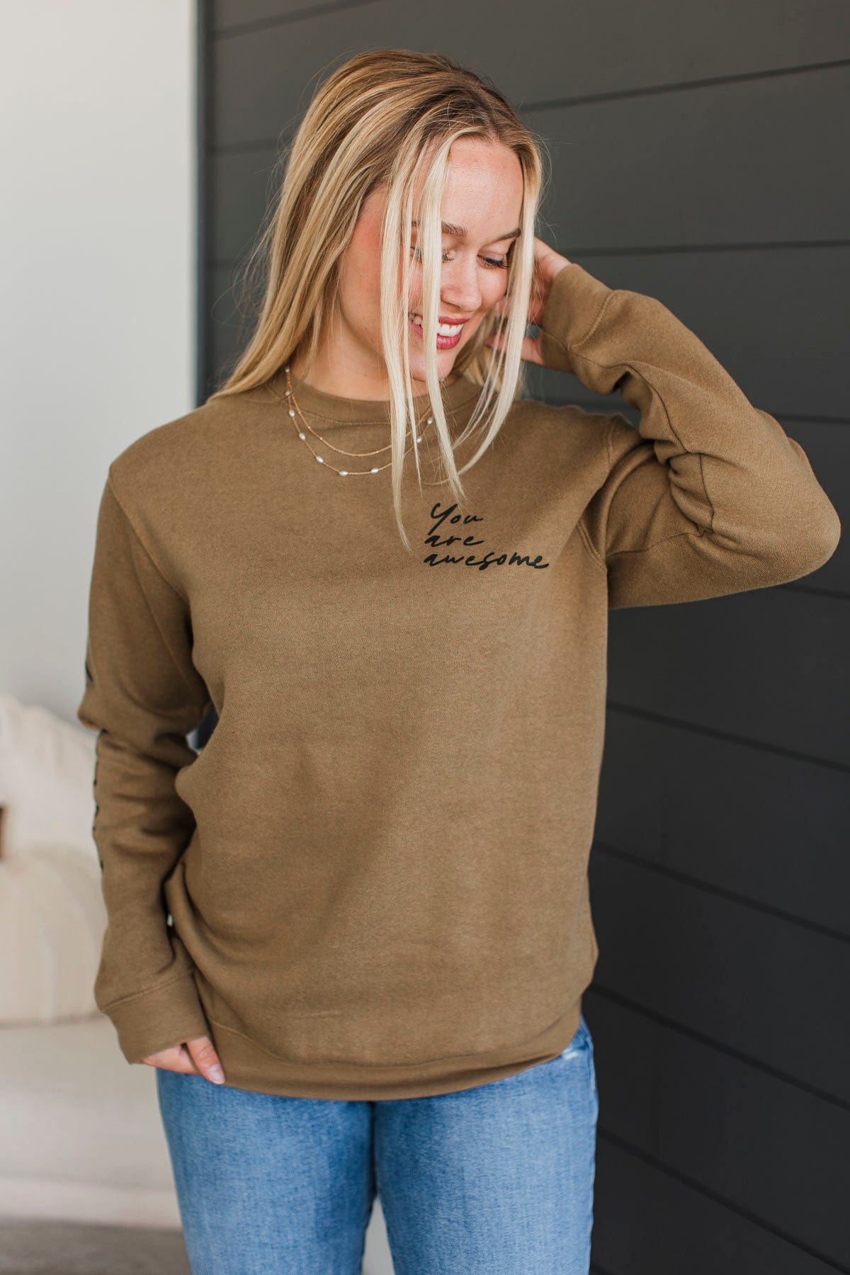 "You Are Awesome" Crew Neck Pullover- Tan