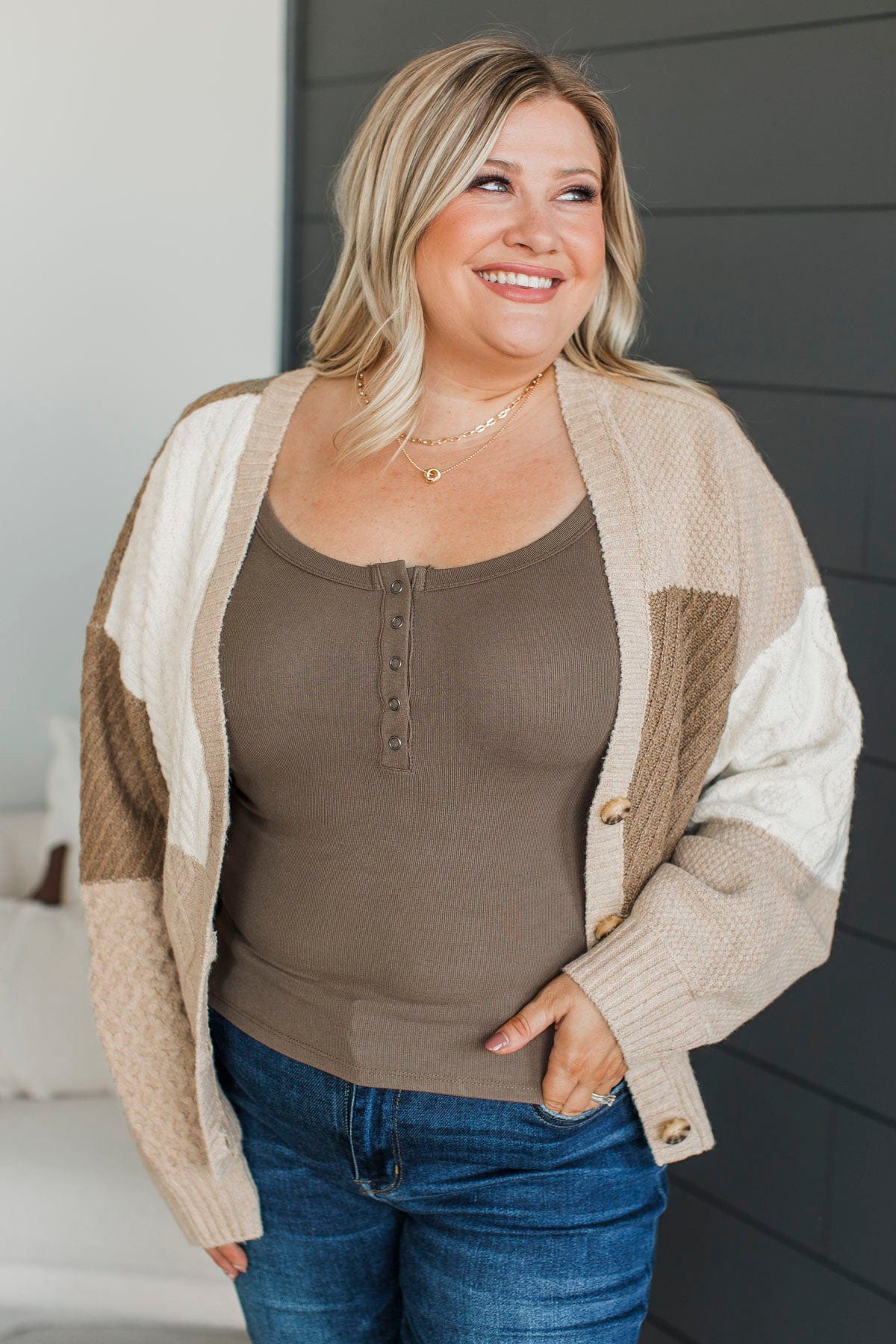 At Your Best Knit Button Cardigan- Taupe Multi