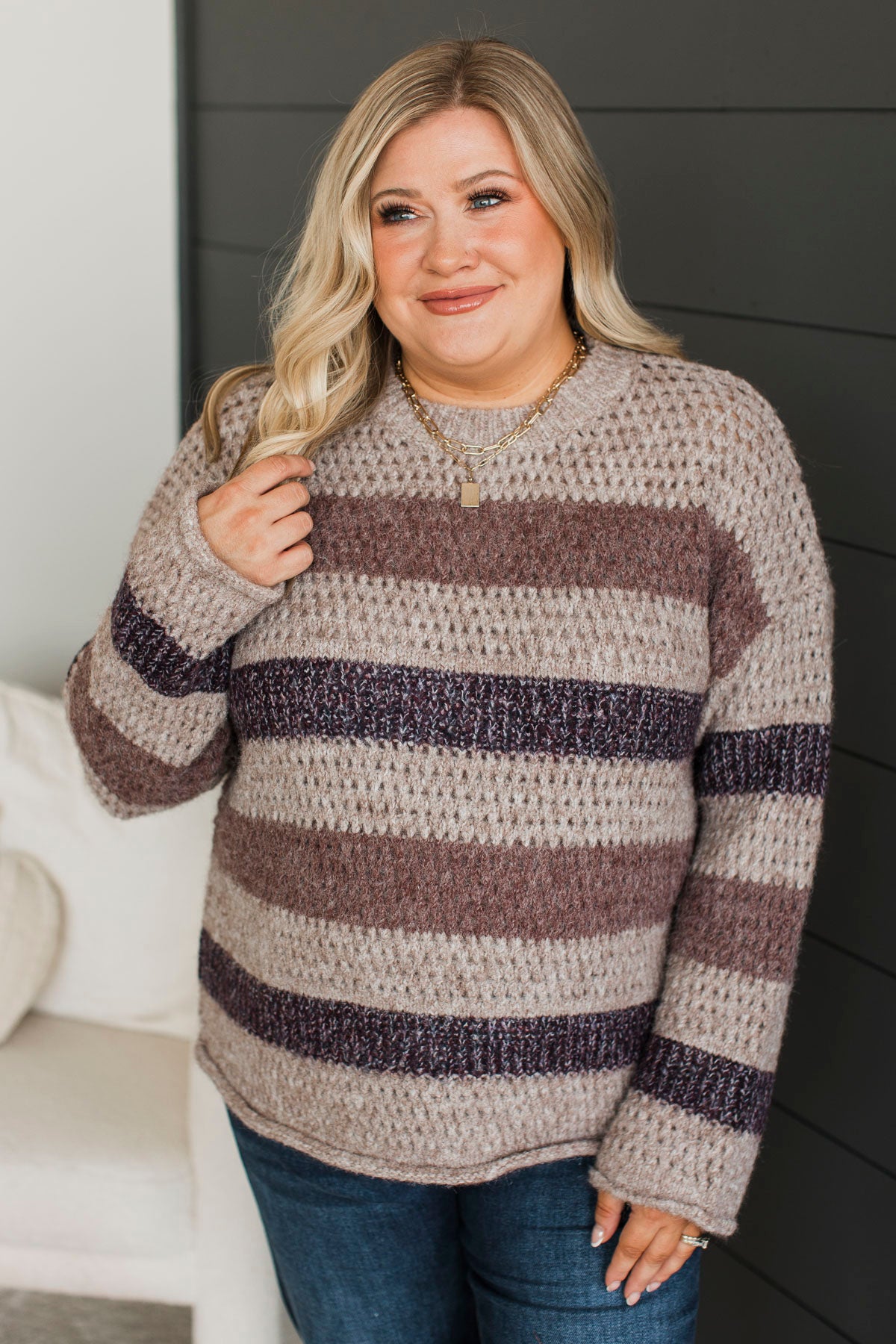 Together Is Better Stripe Sweater- Mocha & Eggplant