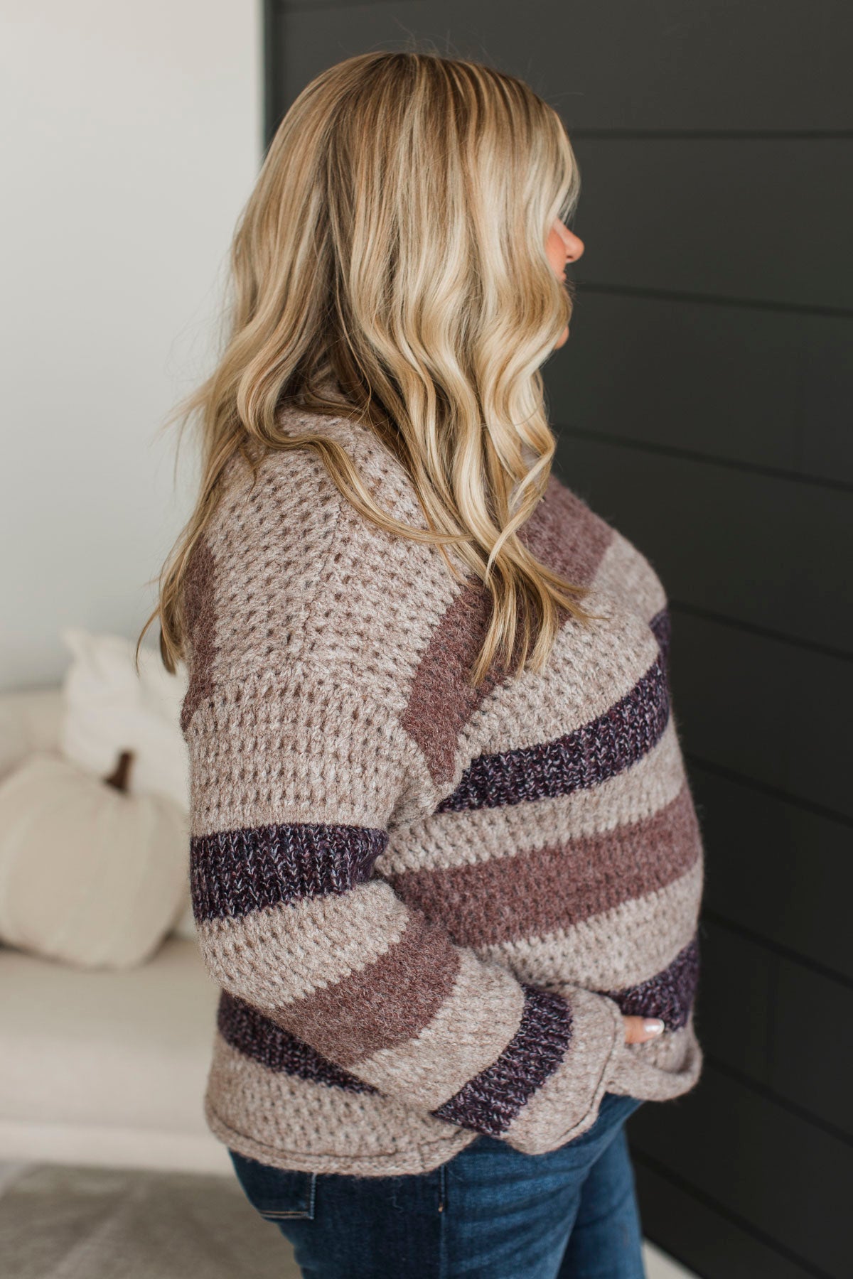 Together Is Better Stripe Sweater- Mocha & Eggplant