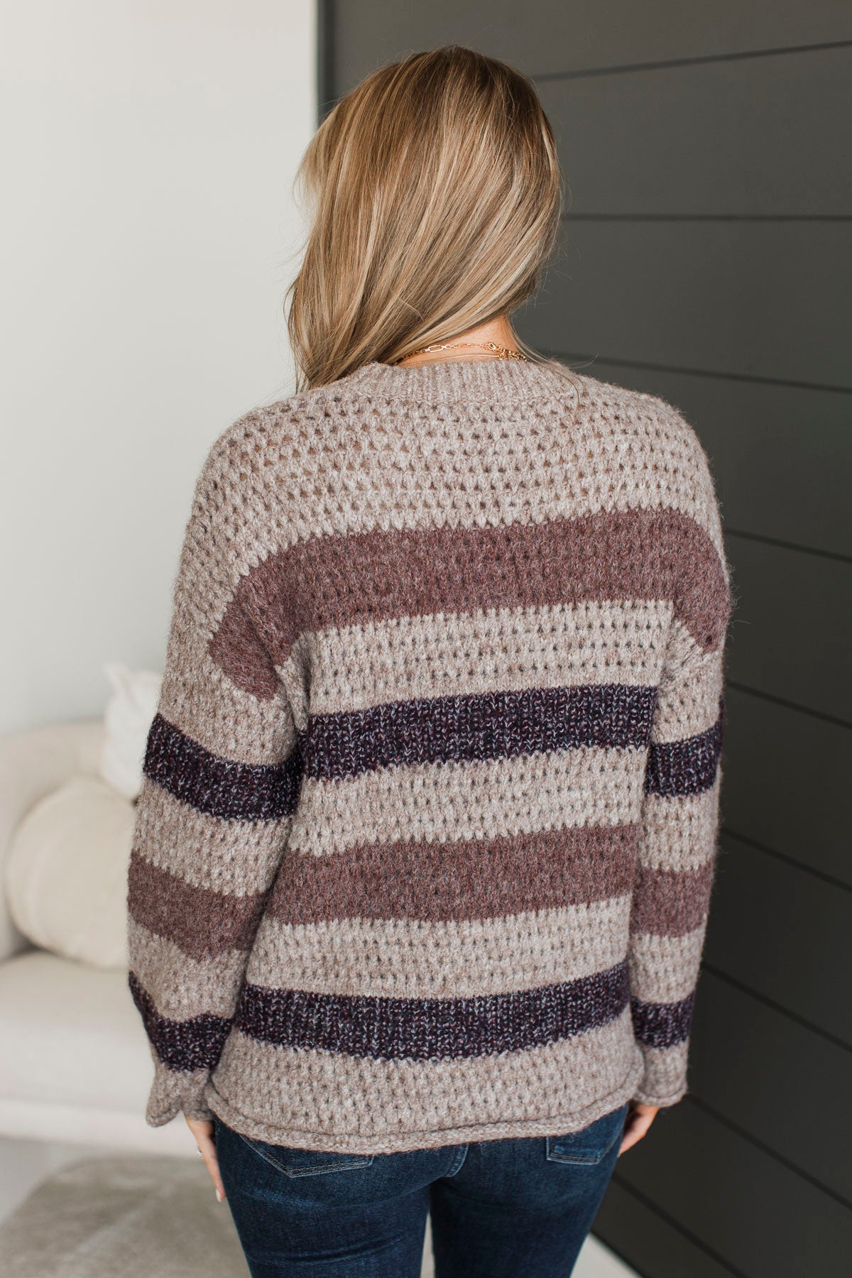 Together Is Better Stripe Sweater- Mocha & Eggplant