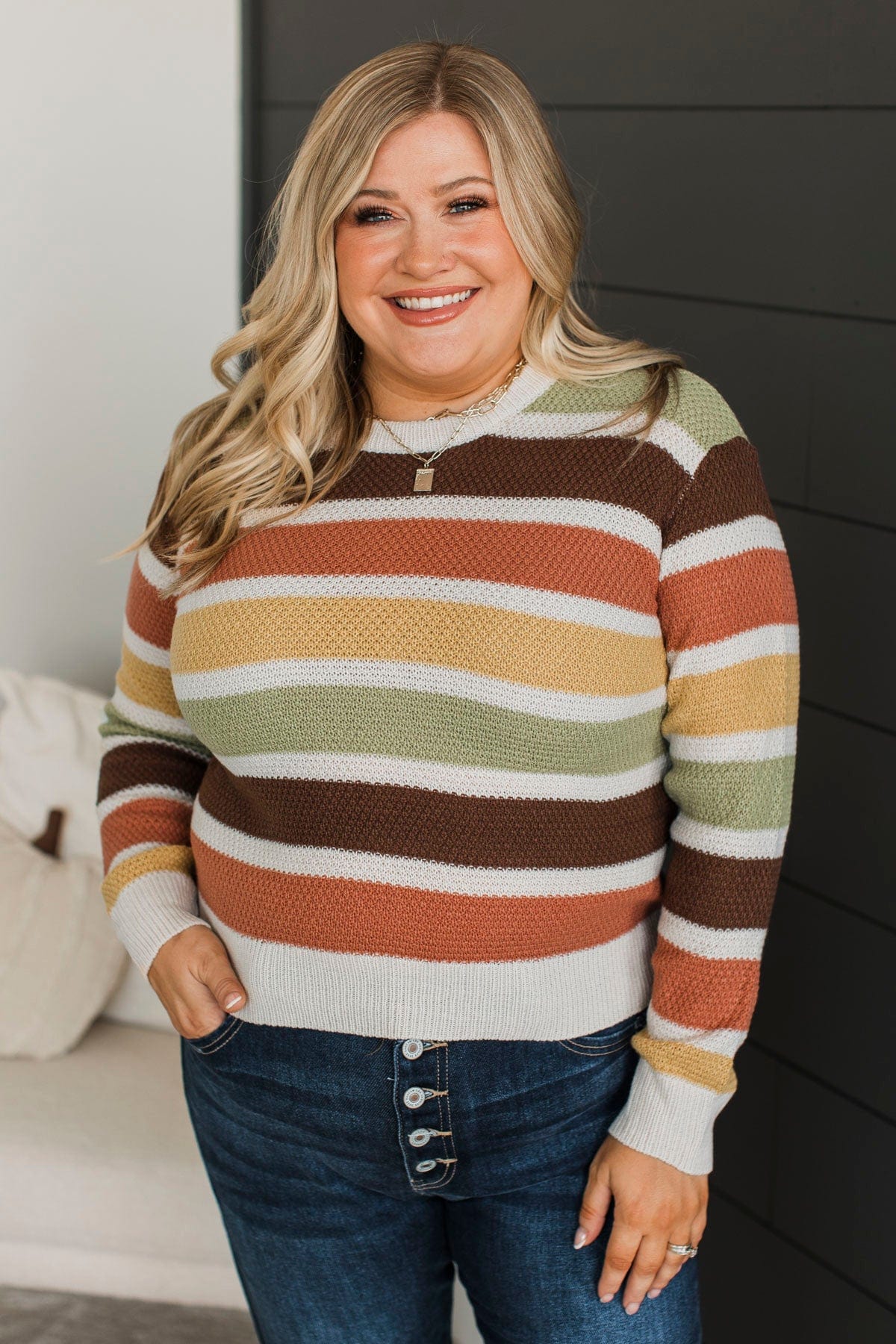 Clearly Charming Striped Knit Sweater- Oatmeal & Brown