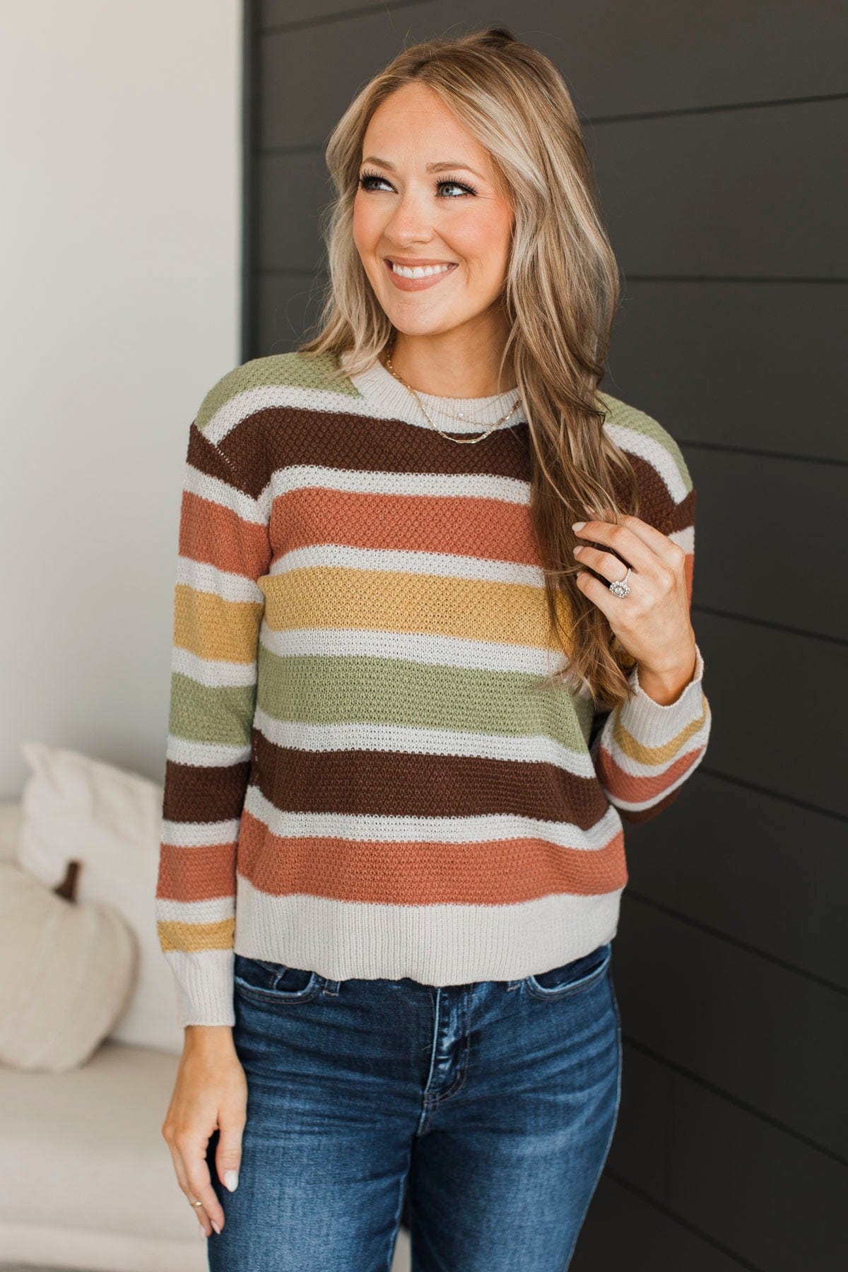 Clearly Charming Striped Knit Sweater- Oatmeal & Brown