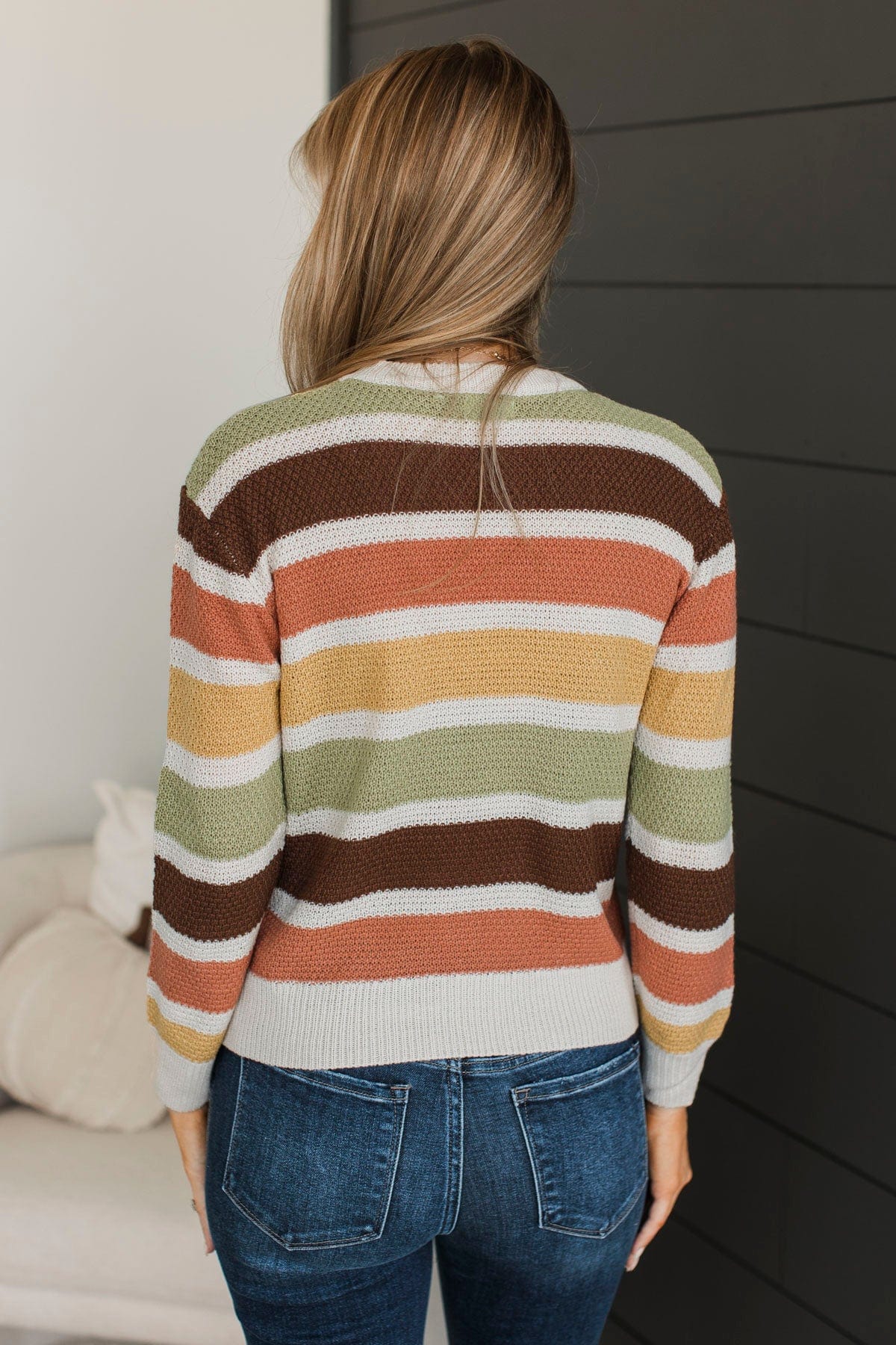 Clearly Charming Striped Knit Sweater- Oatmeal & Brown