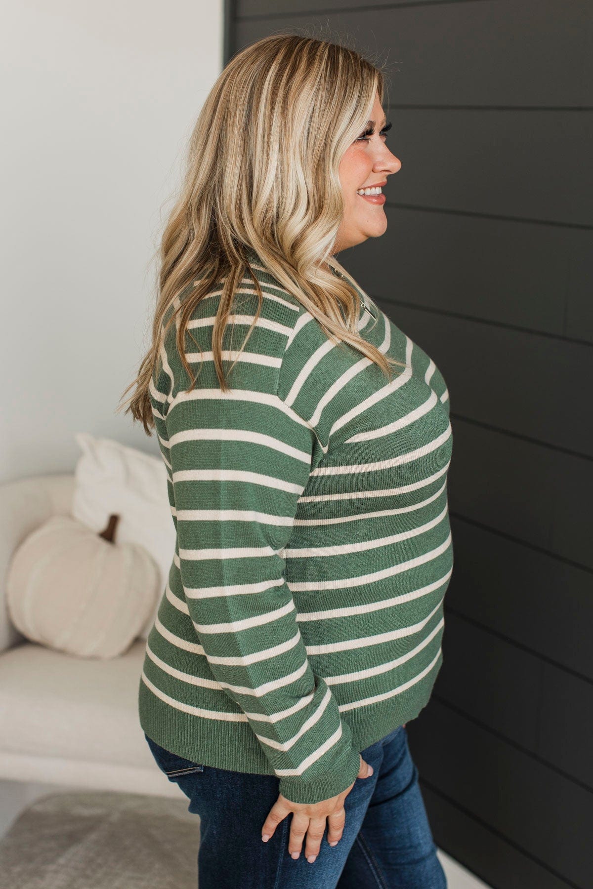 A New Path Striped Knit Sweater- Kale