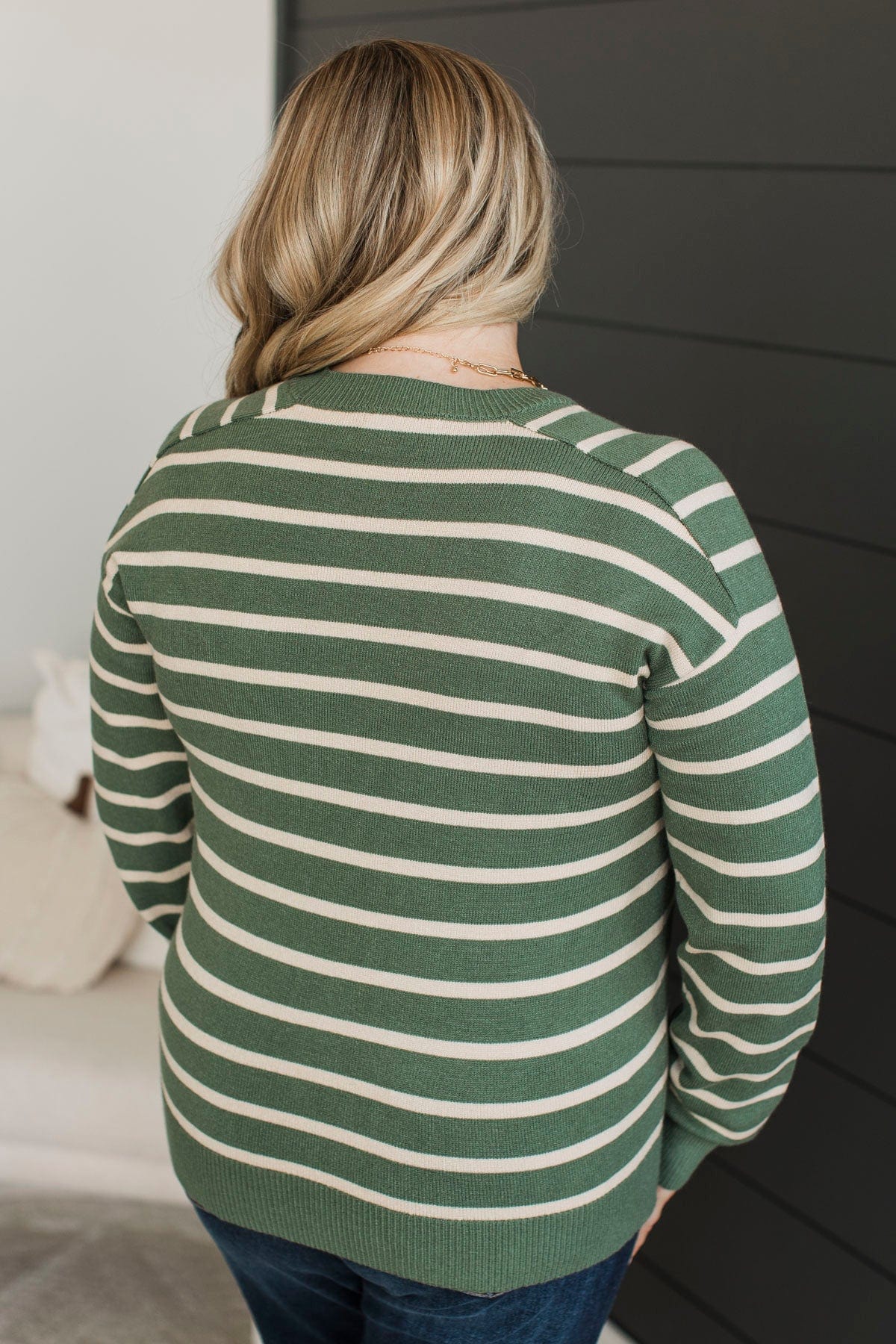 A New Path Striped Knit Sweater- Kale