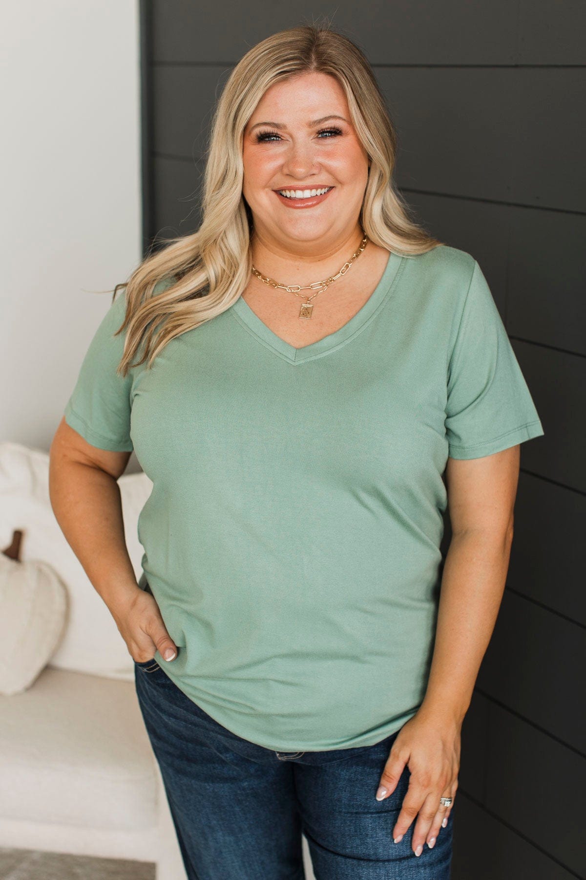 Hello Lovely V-Neck Top- Sage