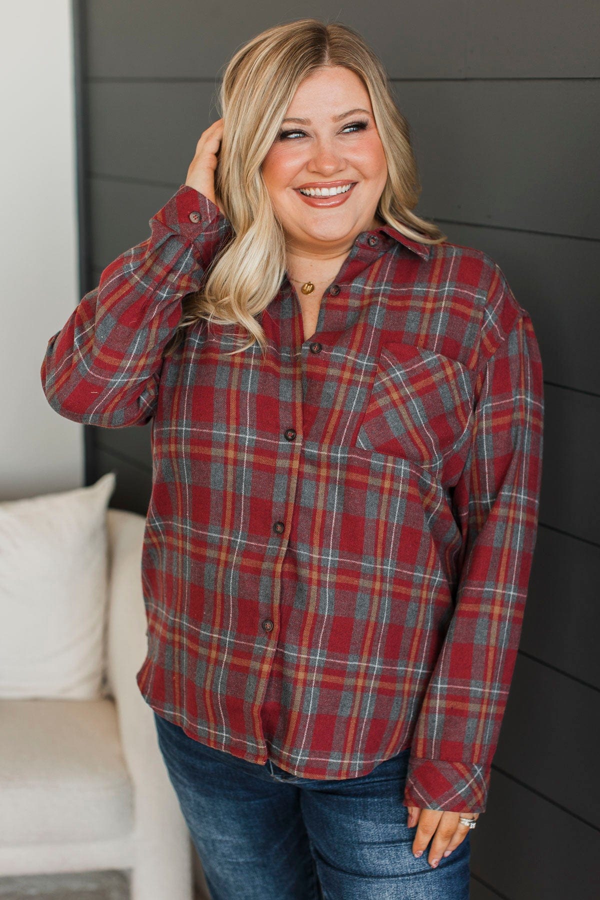 Adventure Out There Plaid Button Top- Dark Rust