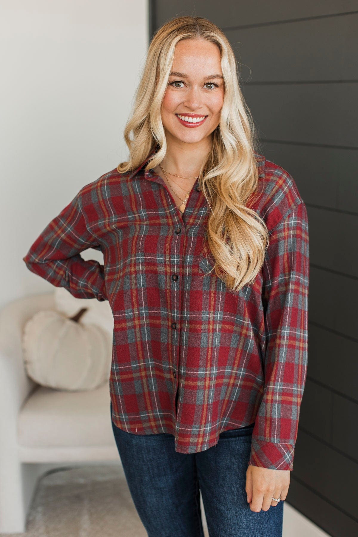 Adventure Out There Plaid Button Top- Dark Rust