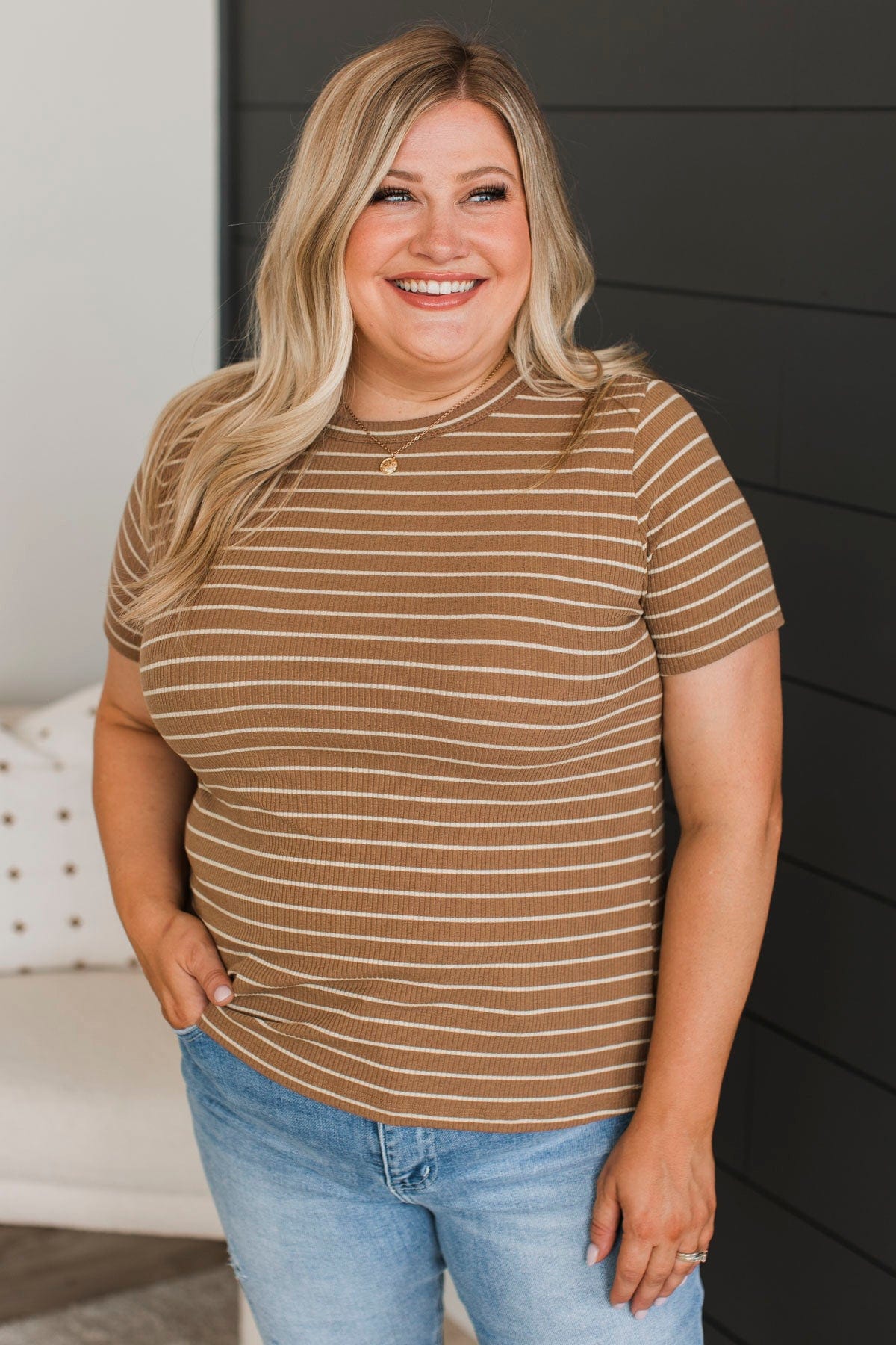 New Experiences Striped Top- Dark Camel