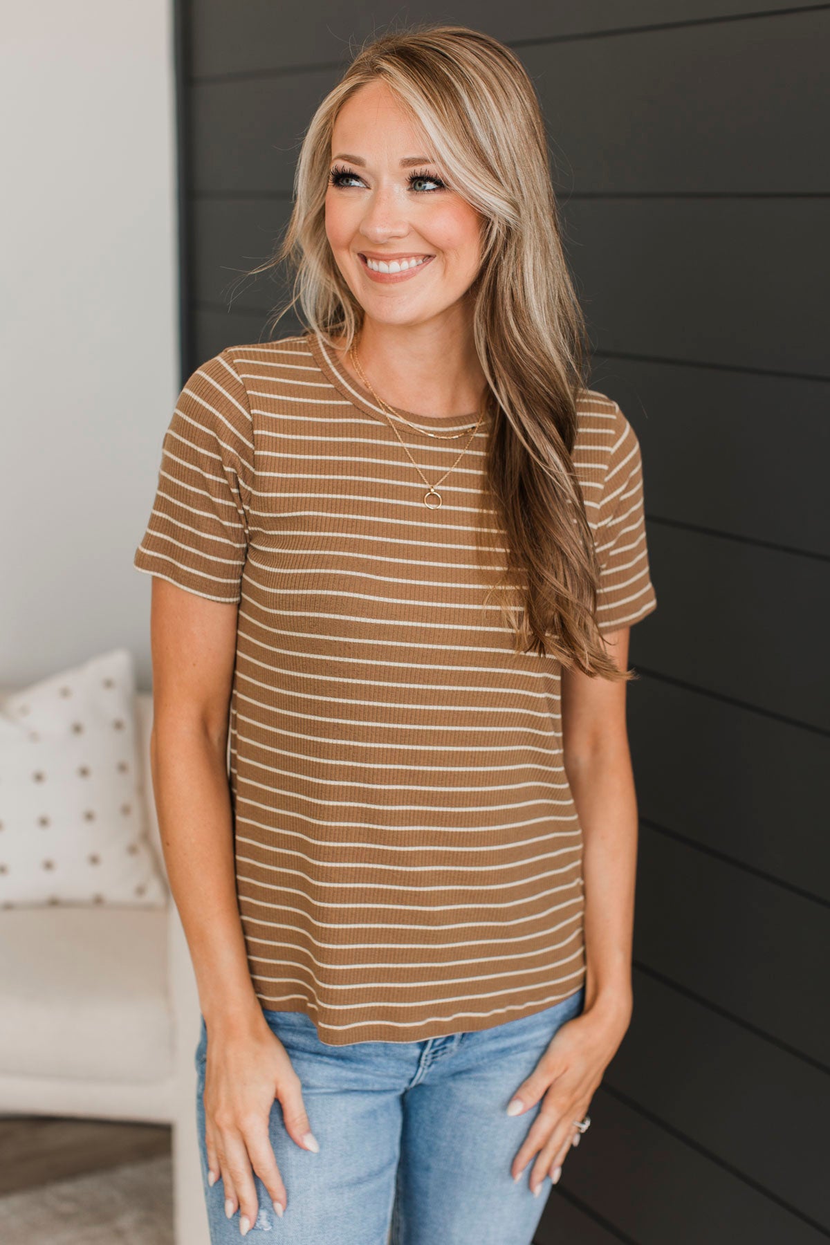 New Experiences Striped Top- Dark Camel