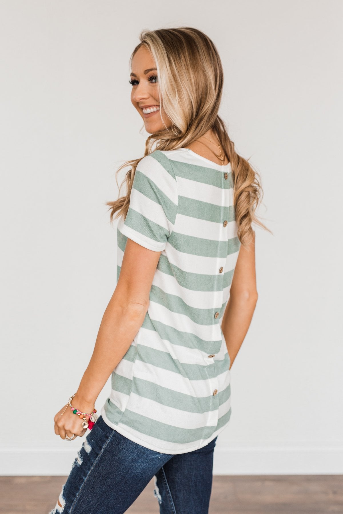 Paradise Awaits Striped Tee- Ivory & Dusty Sage