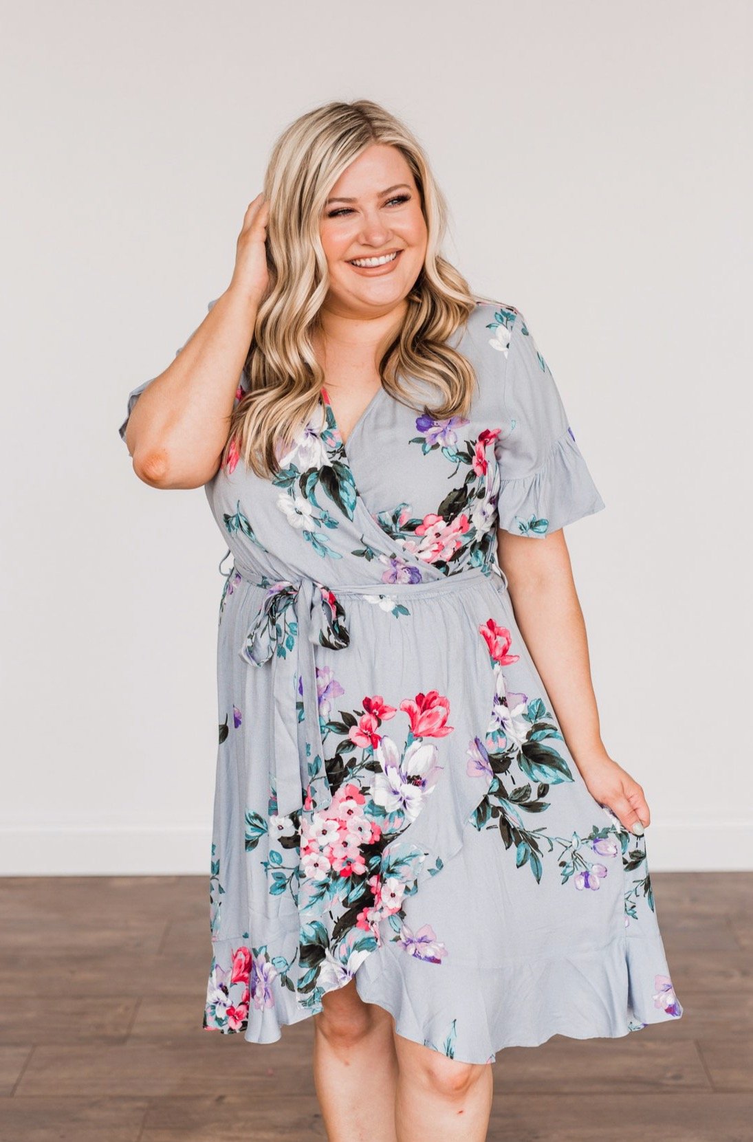 Grey floral wrap dress online