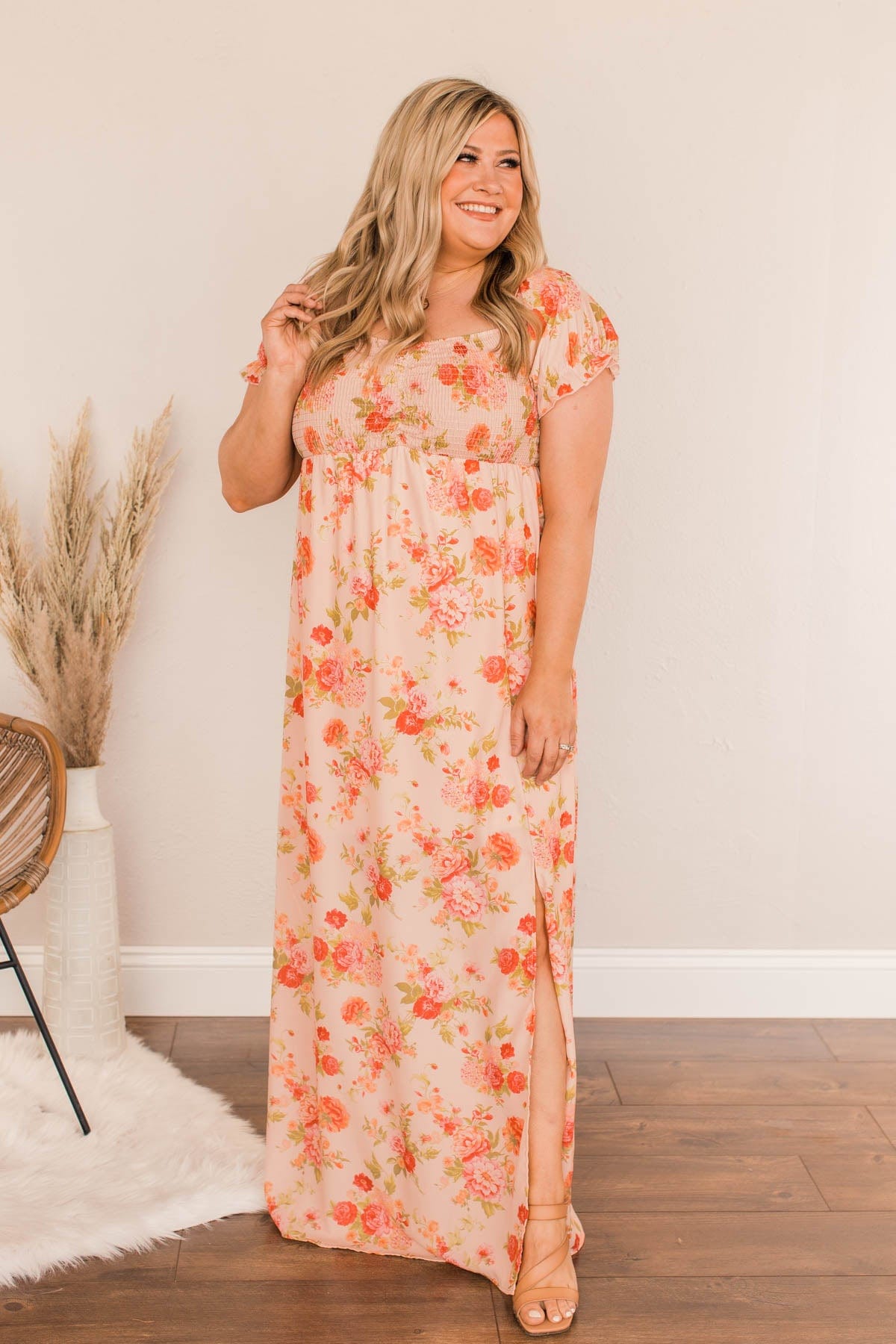 Peach floral maxi dress hotsell