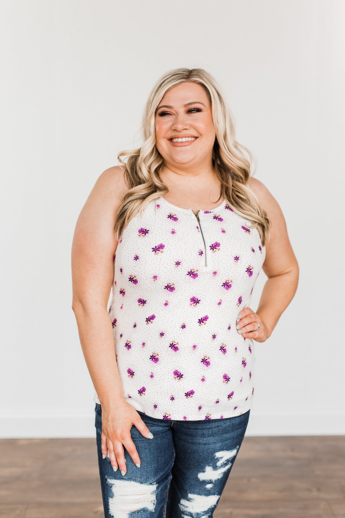 Beyond Breathtaking Zipper Henley Tank- Ivory & Purple