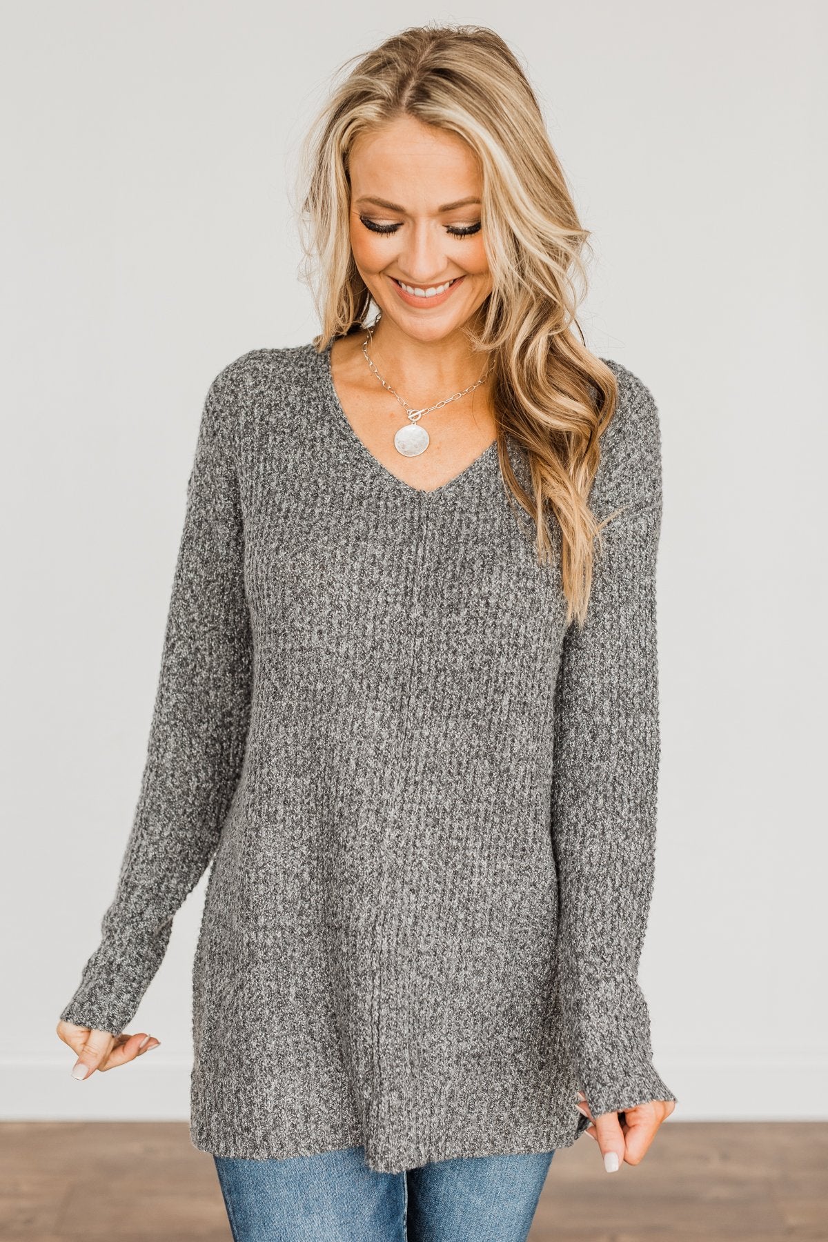 Because Of You Waffle Knit Sweater- Charcoal