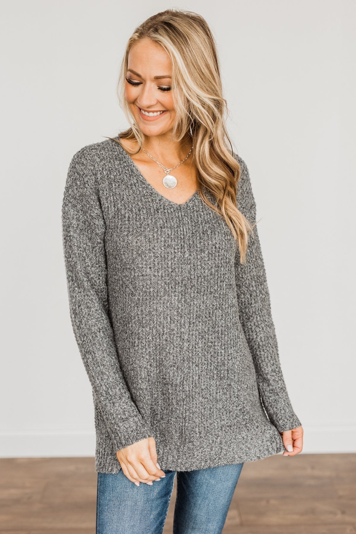 Because Of You Waffle Knit Sweater- Charcoal