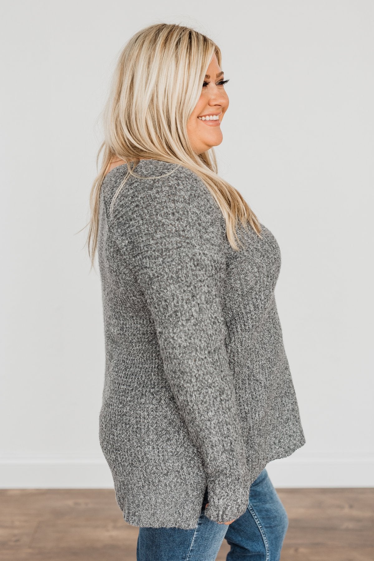 Because Of You Waffle Knit Sweater- Charcoal