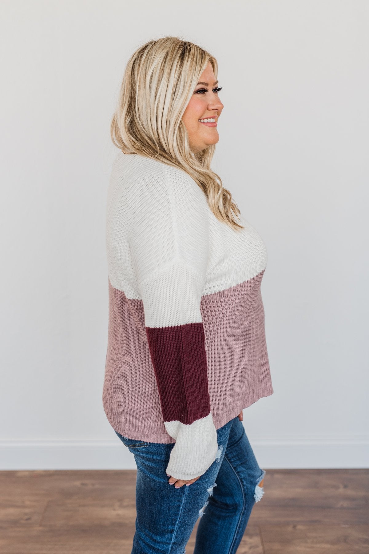 Charmed Life Color Block Sweater- Ivory, Mauve Purple, & Burgundy