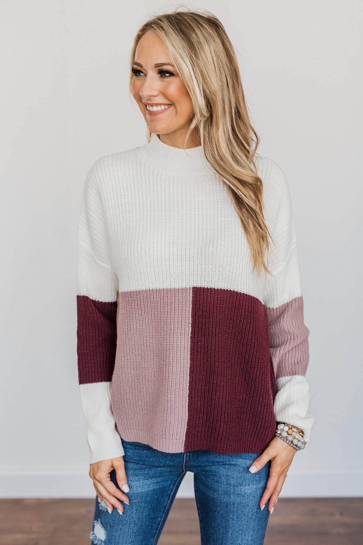 Lucky Brand Ladies' Colorblock Knit Sweater - Size large - Burgundy Gray  White