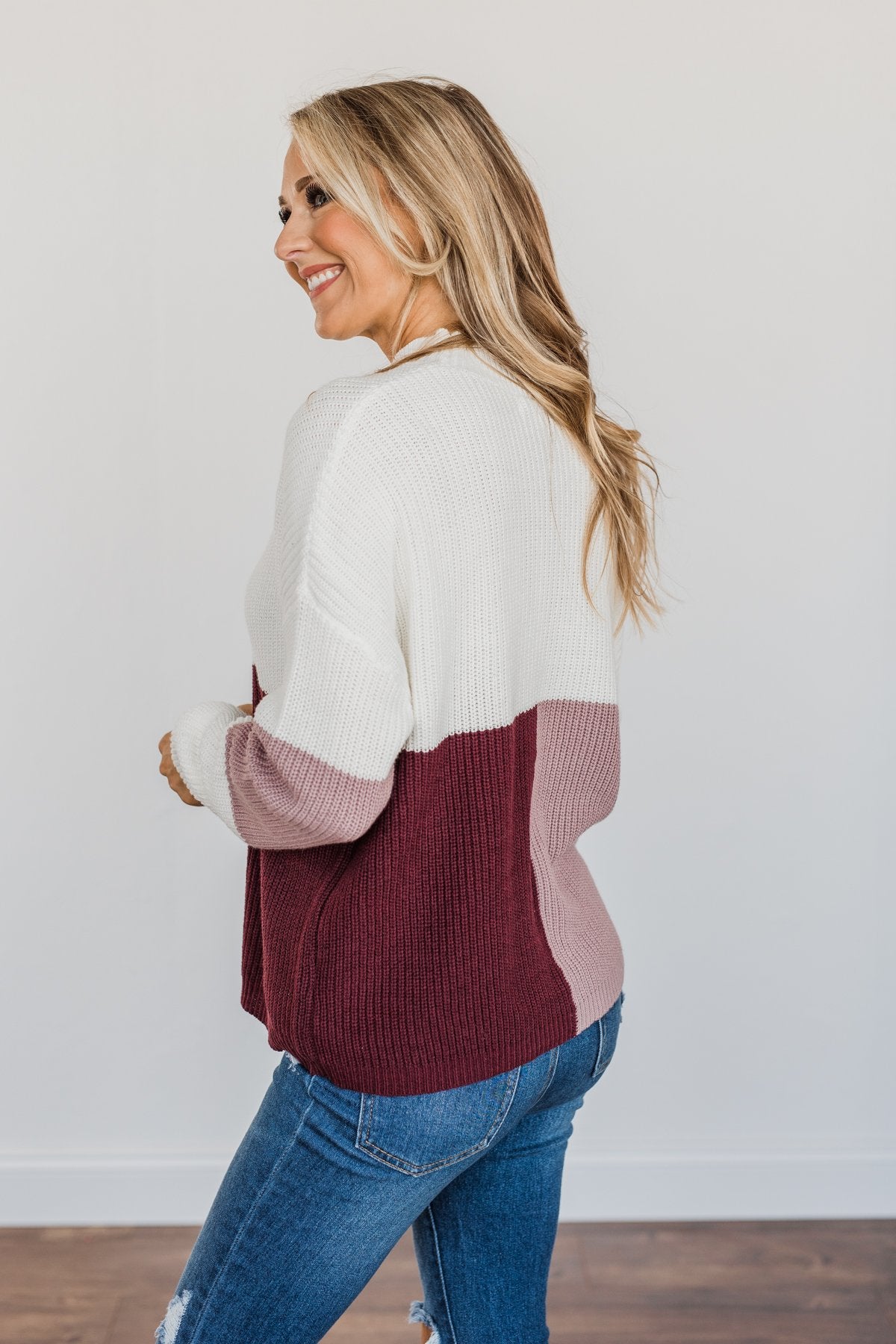 Charmed Life Color Block Sweater- Ivory, Mauve Purple, & Burgundy