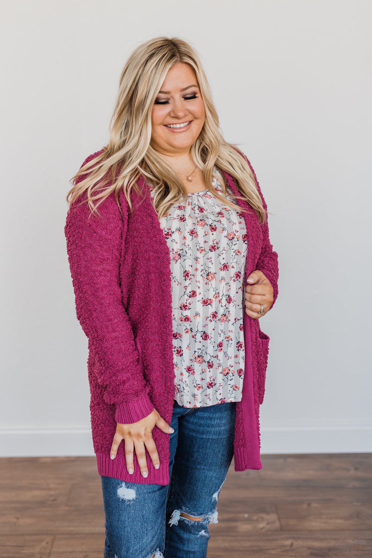 Stealing Glances Popcorn Knit Cardigan- Magenta