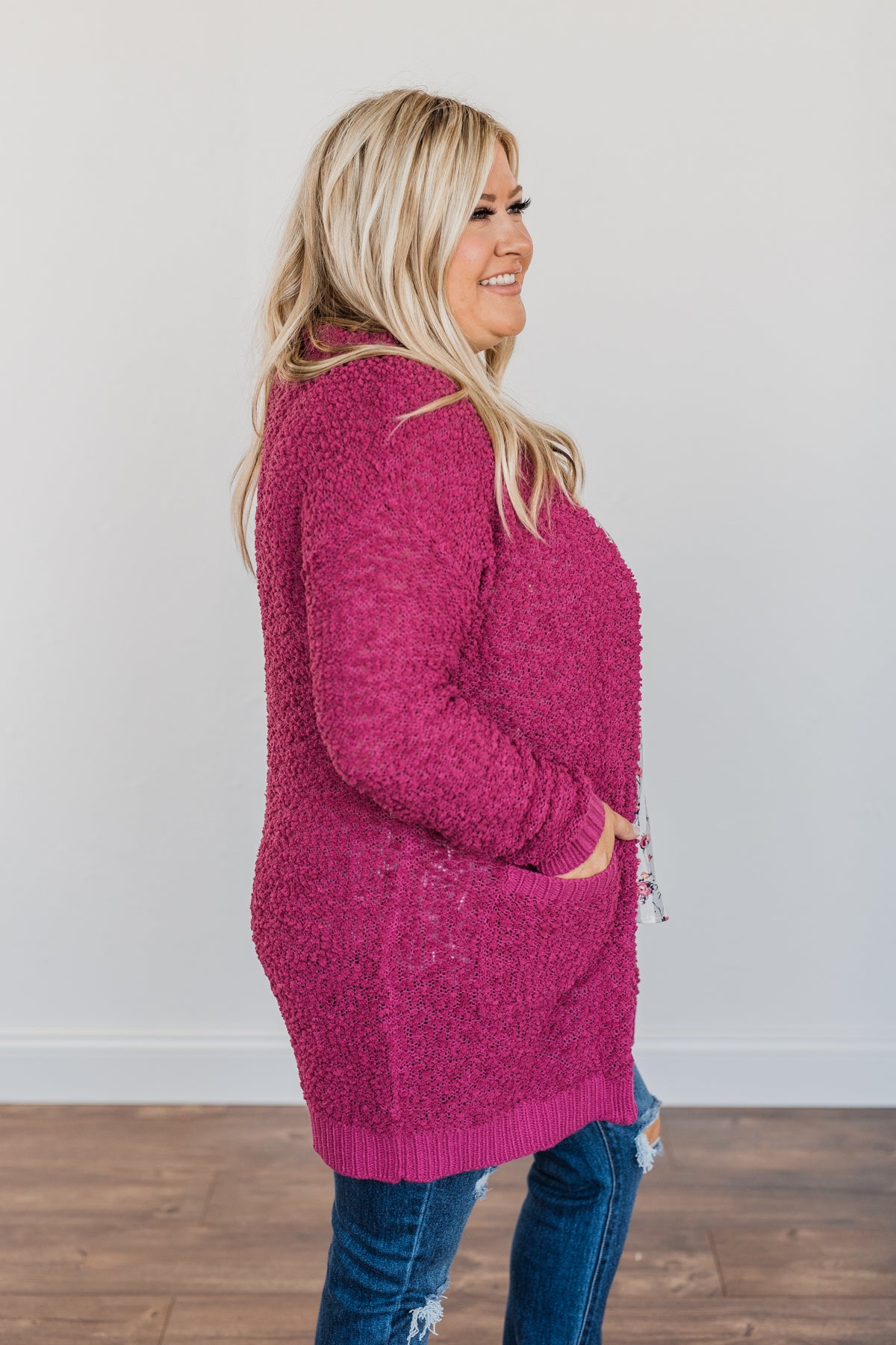 Stealing Glances Popcorn Knit Cardigan- Magenta